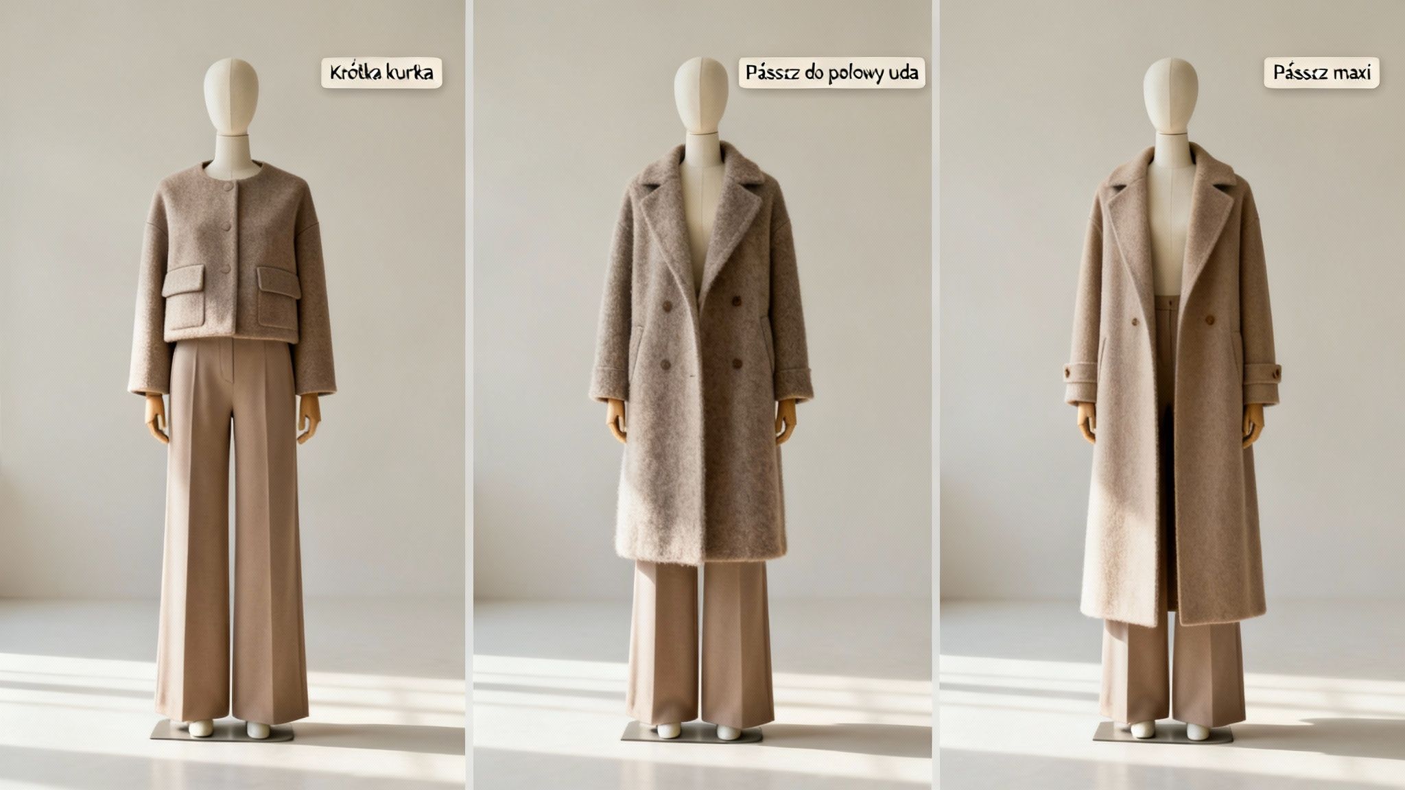 Trzy manekiny prezentują beżowe płaszcze o różnej długości, połączone ze spodniami z szerokimi nogawkami.