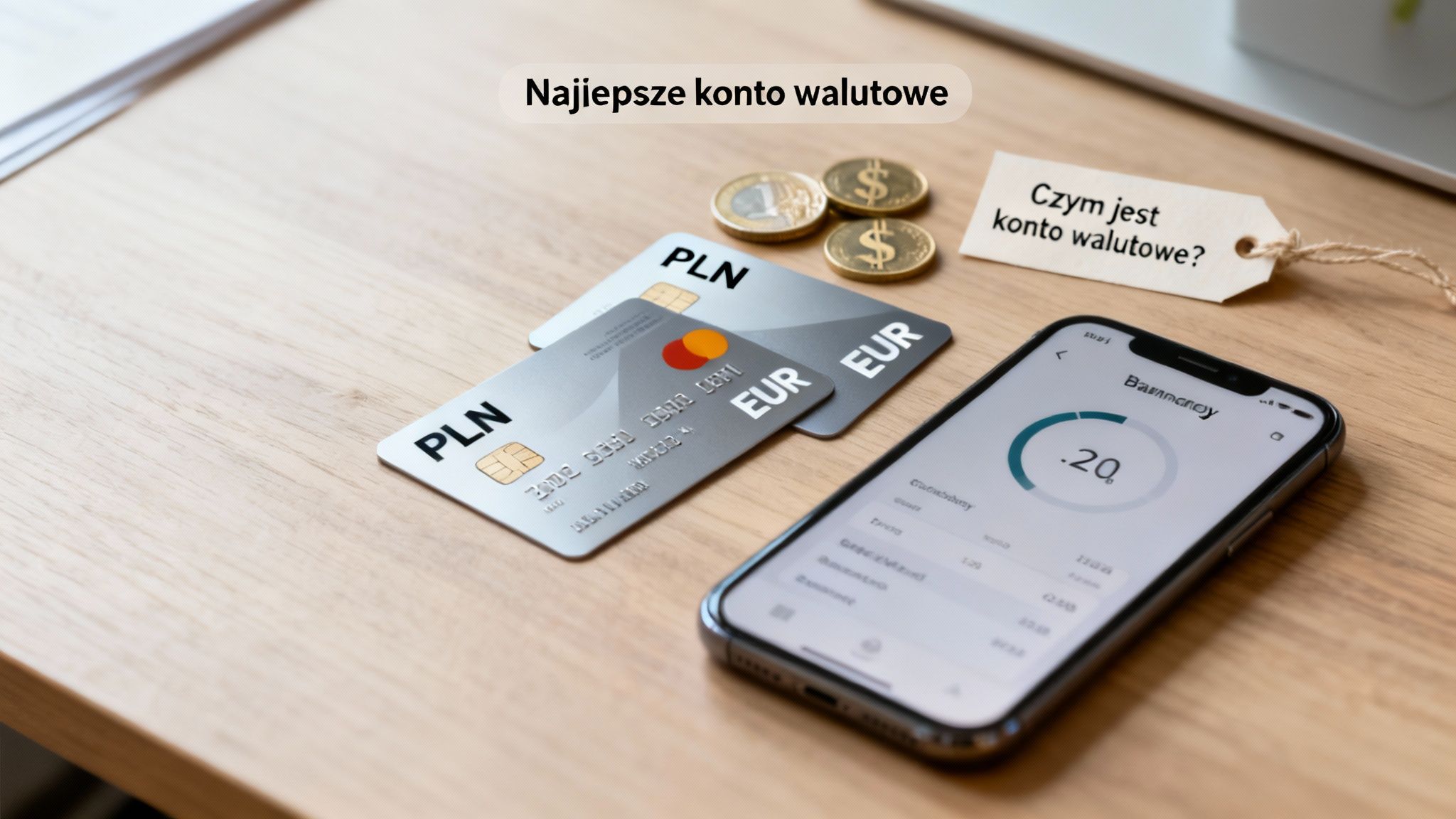 Karty płatnicze PLN i EUR, monety i smartfon z aplikacją bankową na drewnianym stole.