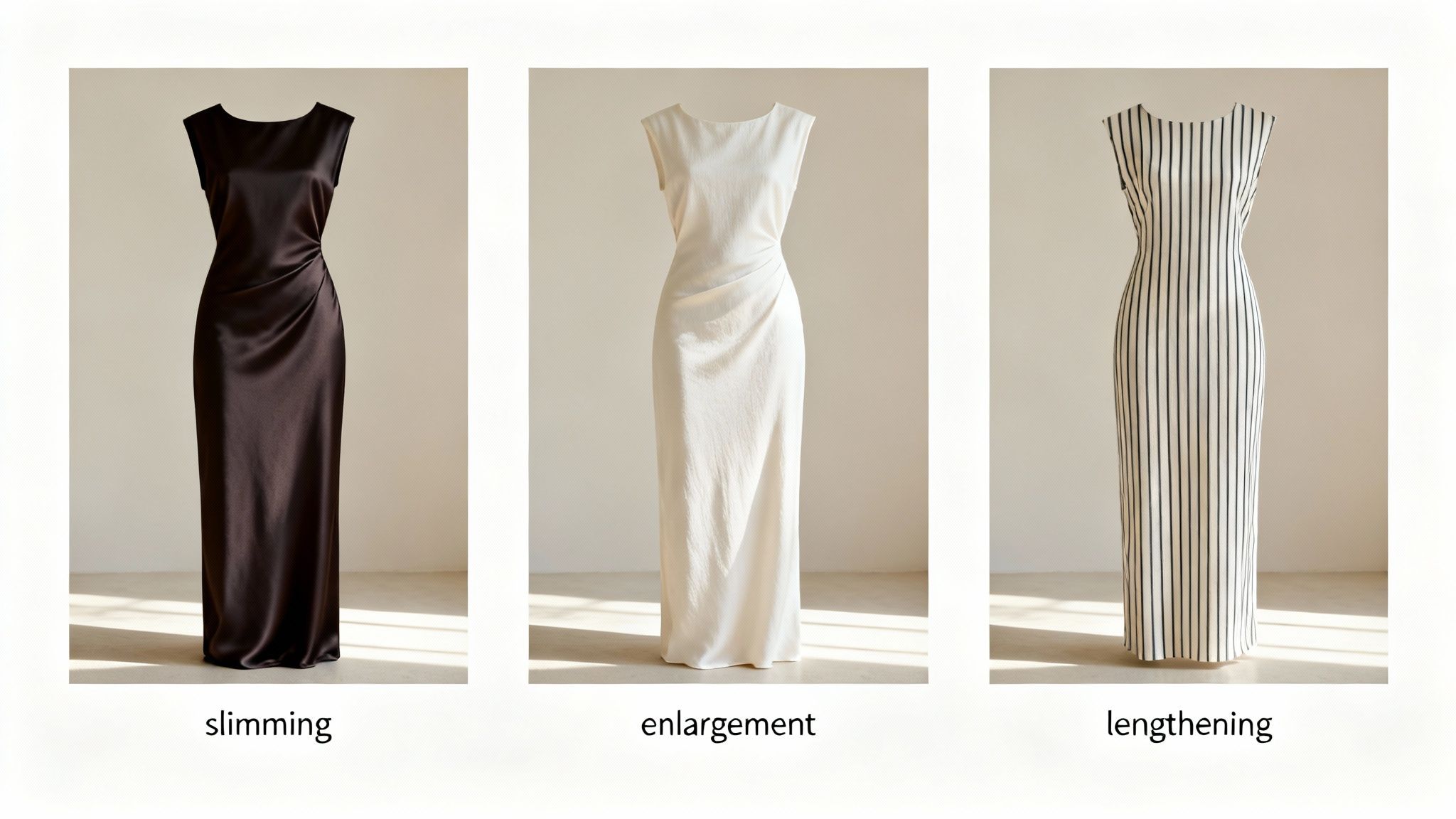 Trzy sukienki prezentujące efekty wyszczuplenia, powiększenia i wydłużenia sylwetki.