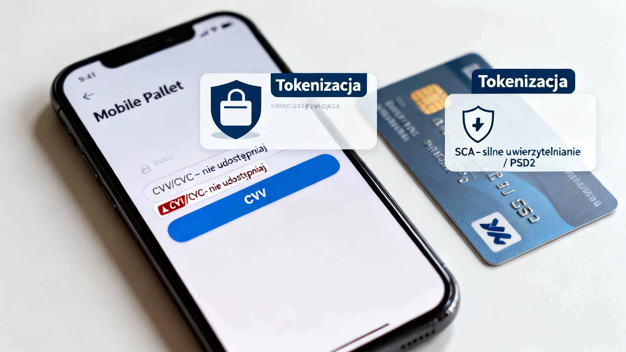 Telefon z aplikacją płatniczą i kartą kredytową, podkreślający tokenizację oraz silne uwierzytelnianie (SCA/PSD2).