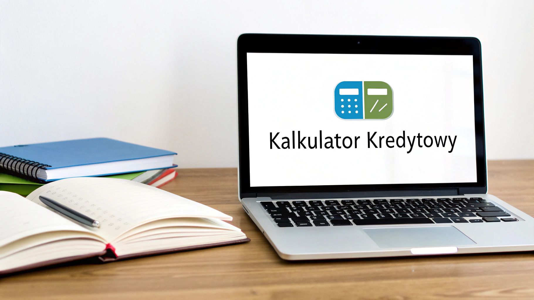 Laptop na biurku z otwartym kalkulatorem kredytowym na ekranie, obok stos notatników i długopis.