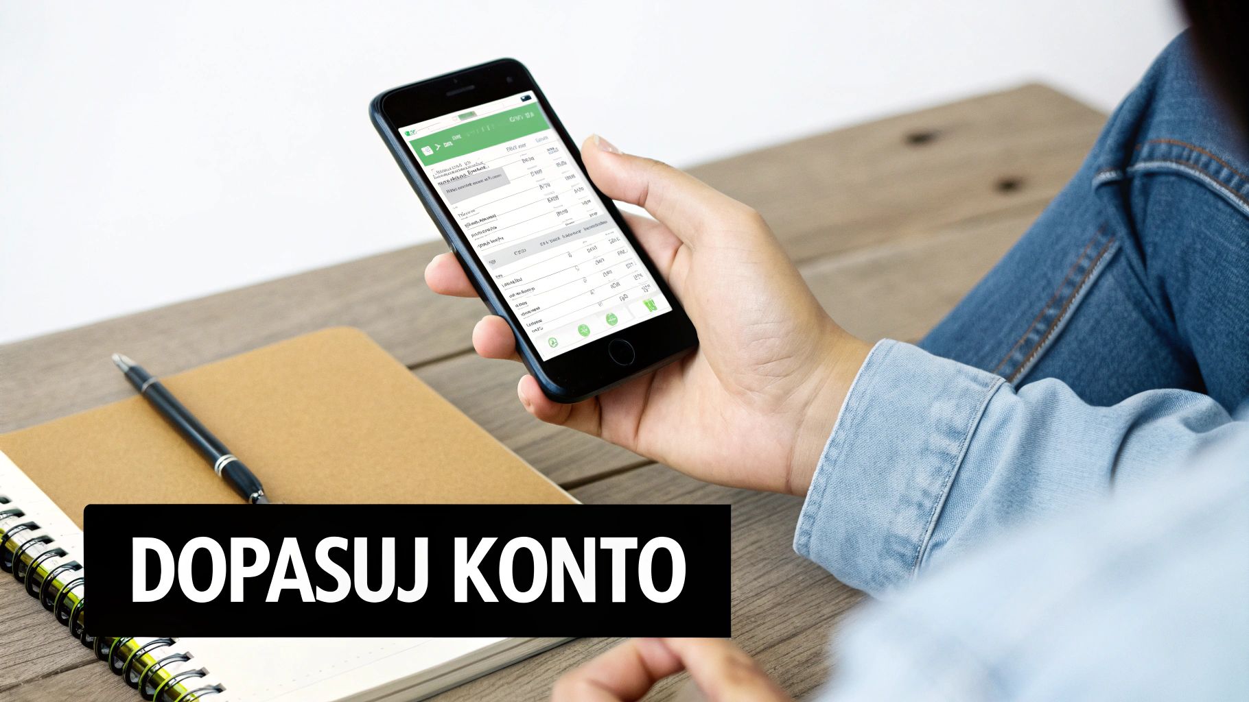 Osoba trzymająca smartfon z aplikacją finansową, obok notatnik i długopis na drewnianym stole.