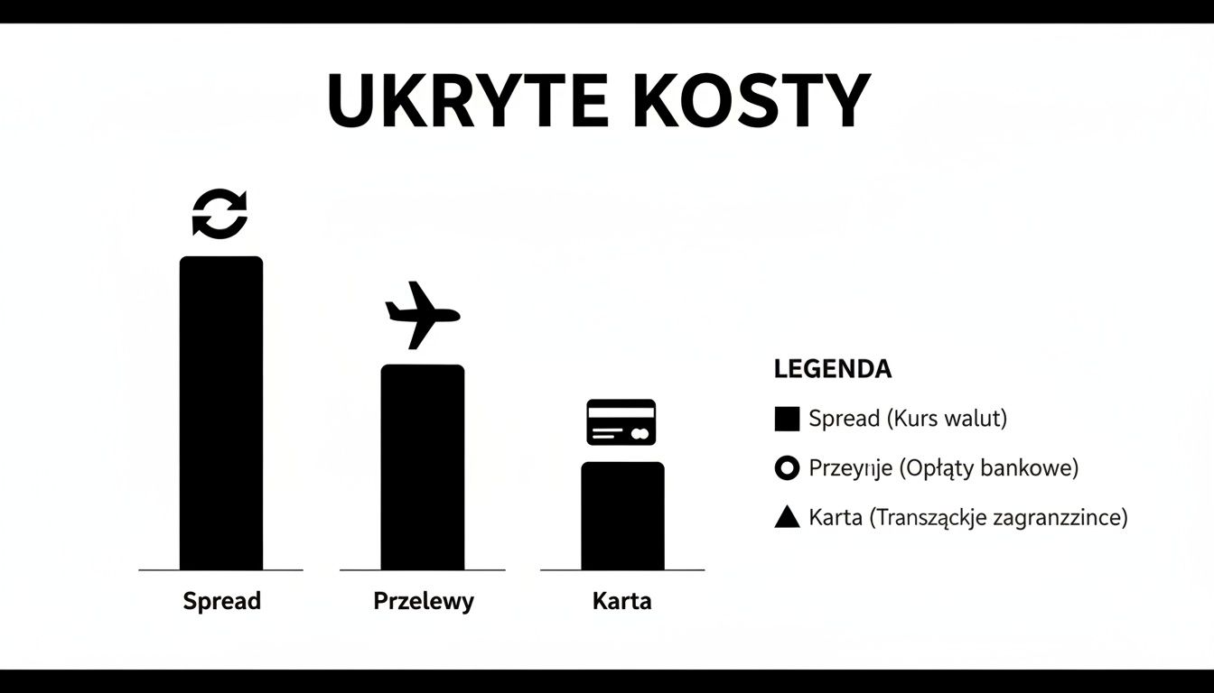 Wykres słupkowy przedstawiający ukryte koszty związane z: spreadem walutowym, przelewami bankowymi i transakcjami kartą zagraniczną.