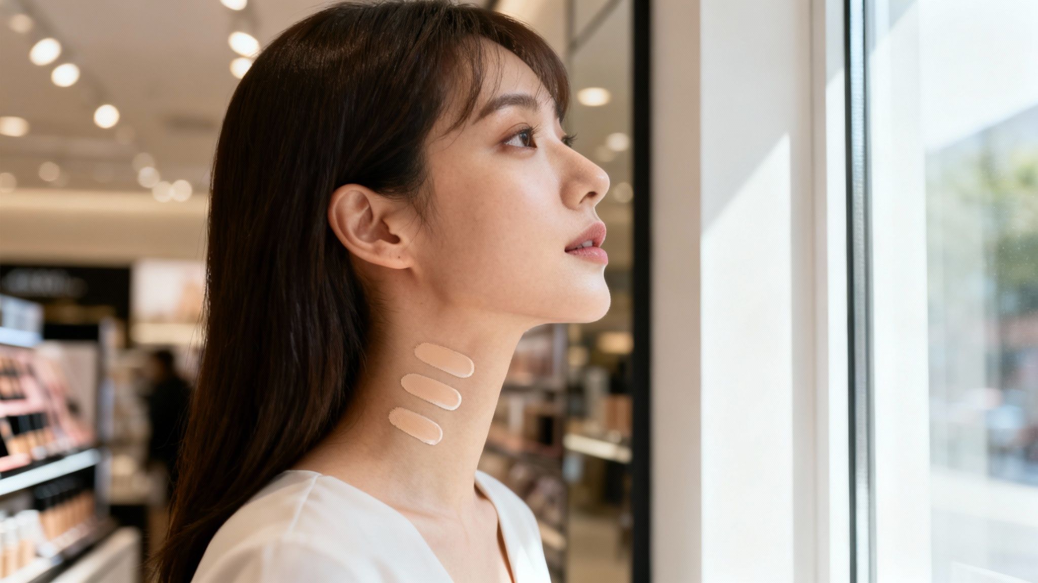 Młoda kobieta testująca odcienie podkładu na szyi w sklepie kosmetycznym, szukając idealnego dopasowania.