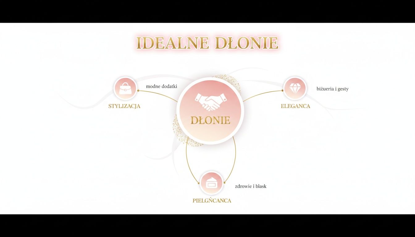 Infografika prezentująca koncepcję idealnych dłoni, obejmującą stylizację, elegancję i pielęgnację.