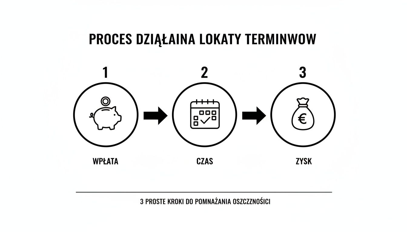 Infografika ilustrująca trzy etapy działania lokaty terminowej: wpłata, czas i zysk.