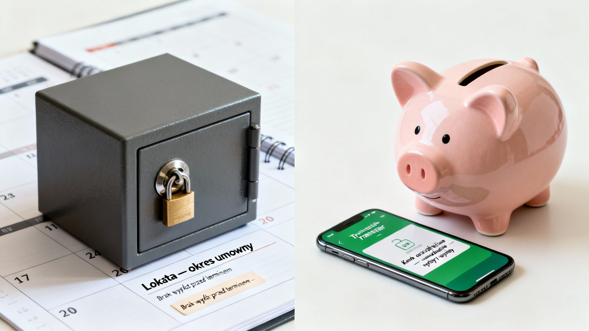 Mały sejf z kłódką na kalendarzu oraz różowa skarbonka obok smartfona z aplikacją bankową symbolizującą oszczędzanie.