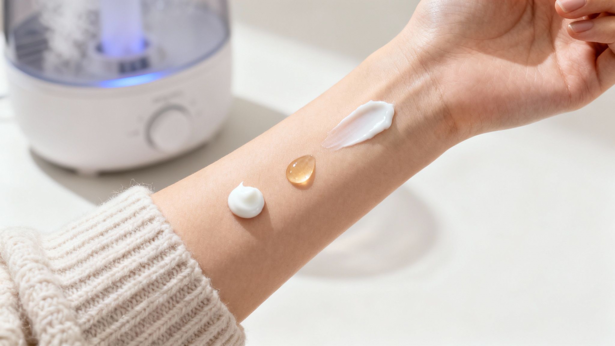 Kremy i serum testowane na skórze dłoni, z nawilżaczem powietrza w tle.