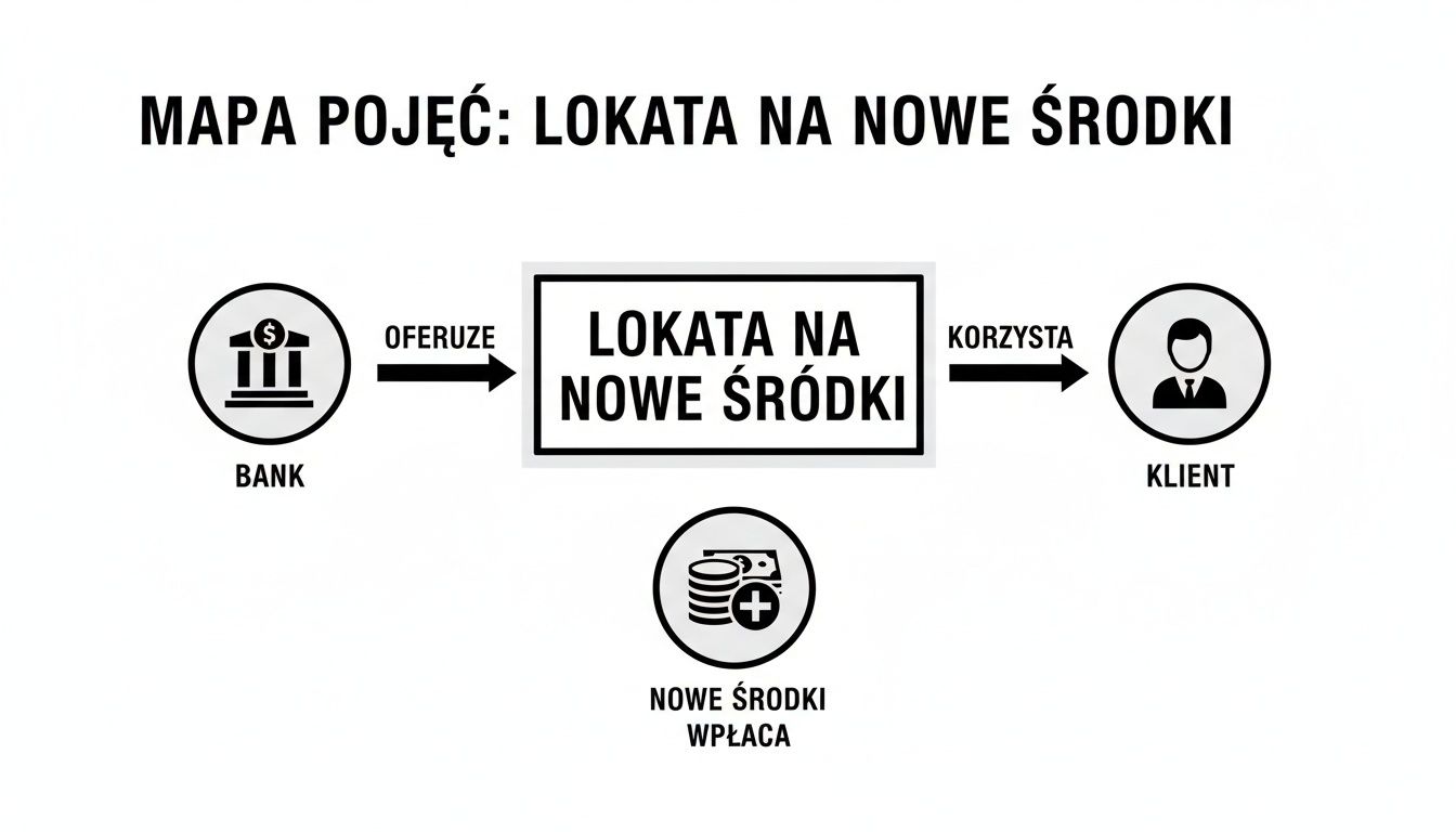 Diagram koncepcyjny pokazujący, jak bank oferuje lokatę na nowe środki, z której korzysta klient wpłacający nowe fundusze.