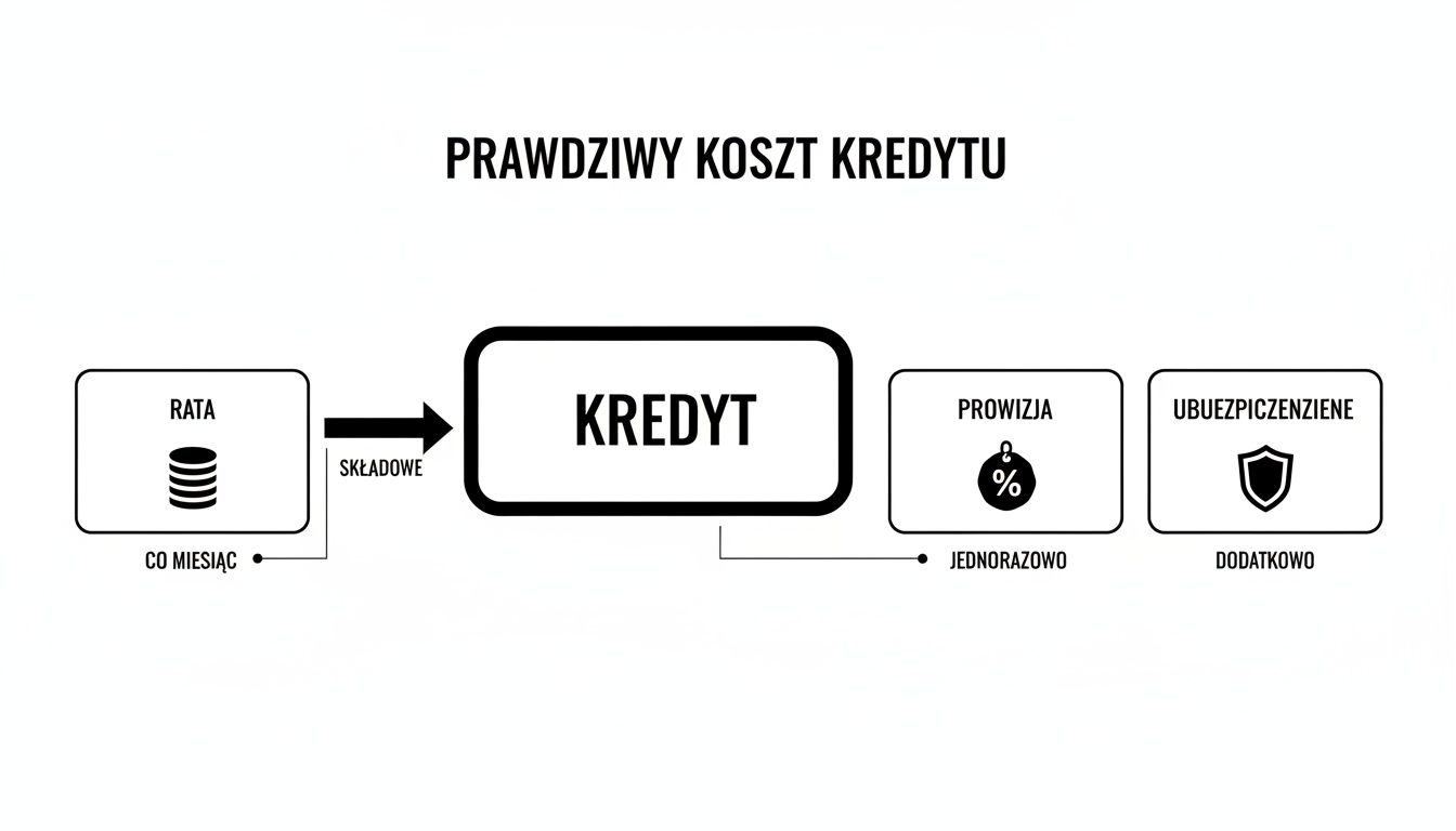 Infografika przedstawiająca prawdziwy koszt kredytu, w tym raty miesięczne, jednorazową prowizję i dodatkowe ubezpieczenie.