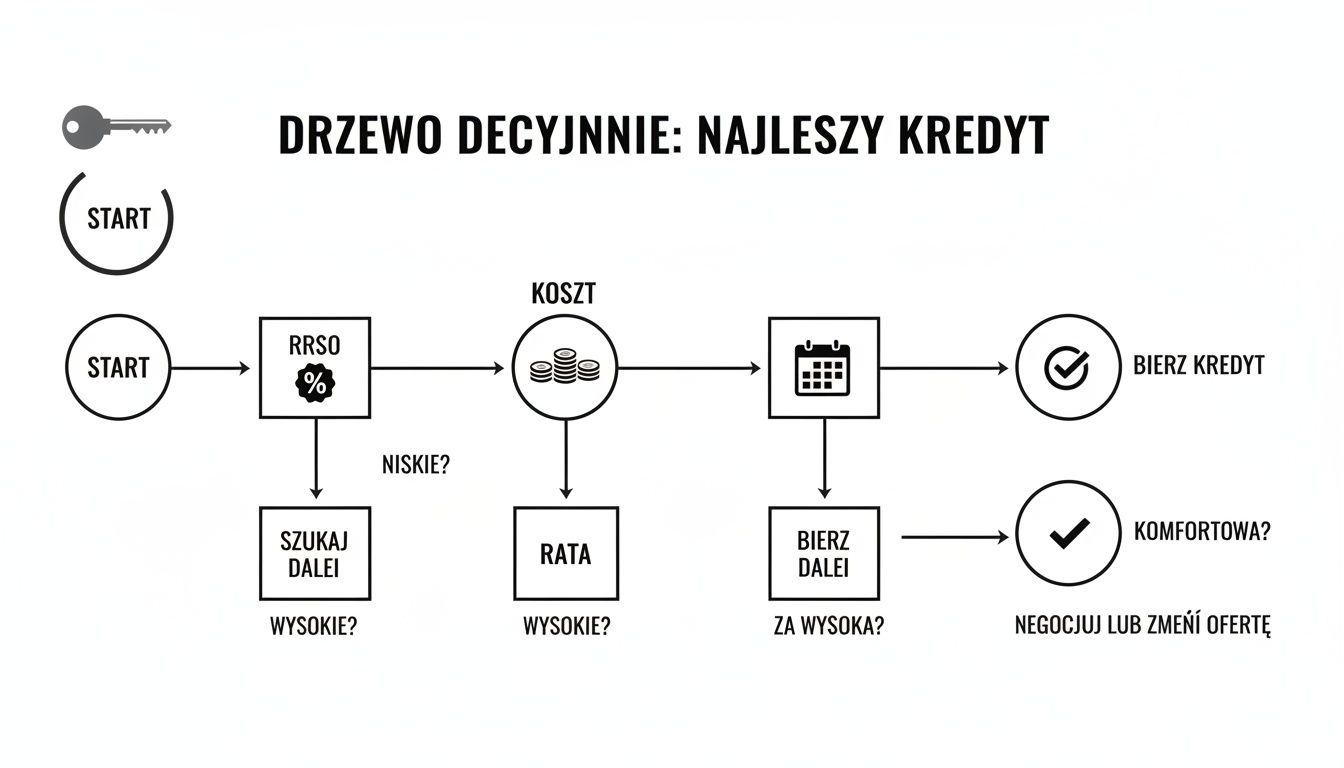 Schemat blokowy drzewa decyzyjnego pokazujący proces wyboru najlepszego kredytu, analizując RRSO, koszt i raty.