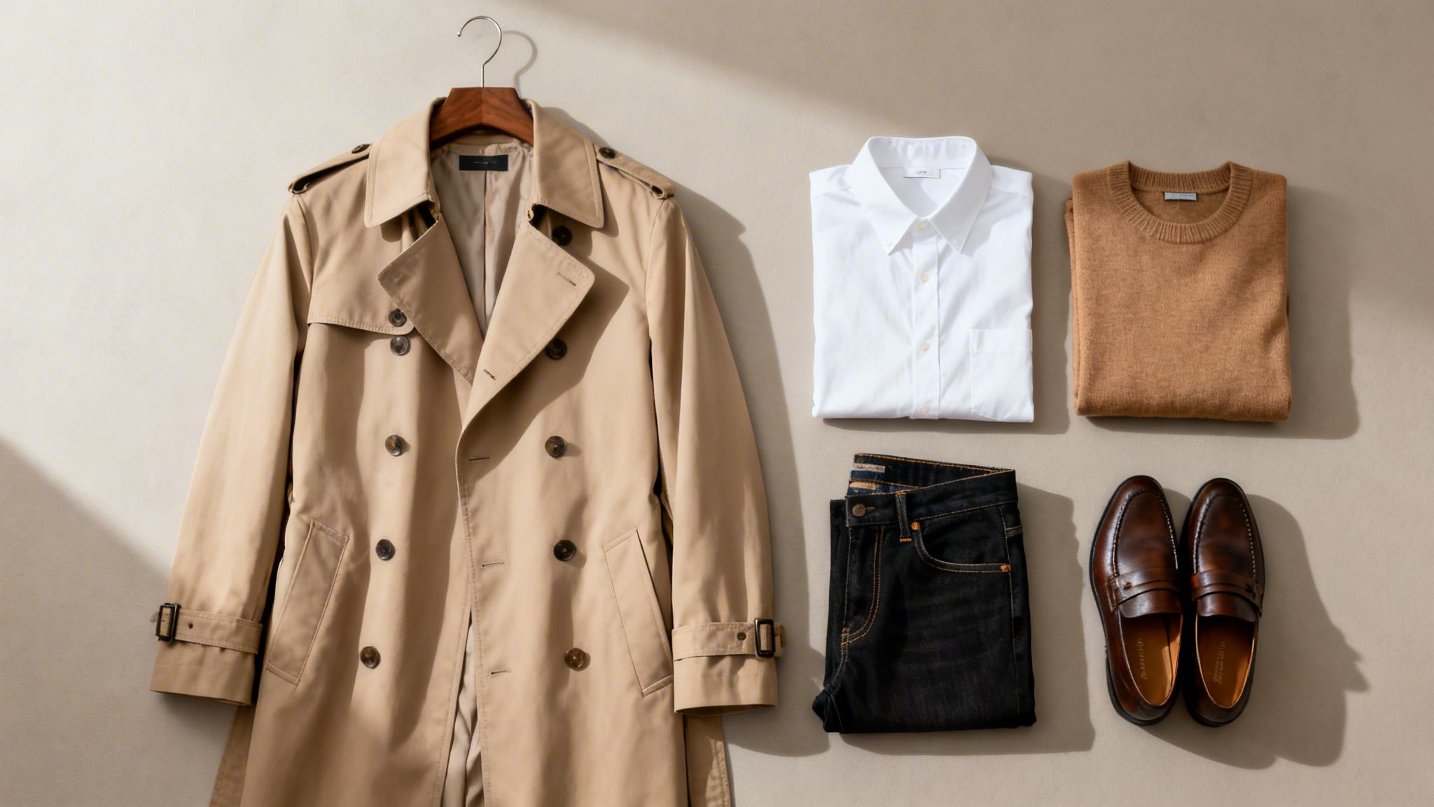 Męski zestaw ubrań w stylu old money: beżowy trencz, biała koszula, brązowy sweter, ciemne dżinsy i eleganckie mokasyny.