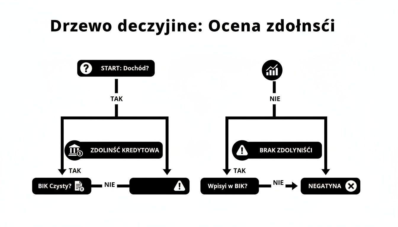 Schemat drzewa decyzyjnego przedstawiający ocenę zdolności kredytowej z kryteriami dochodu i BIK.