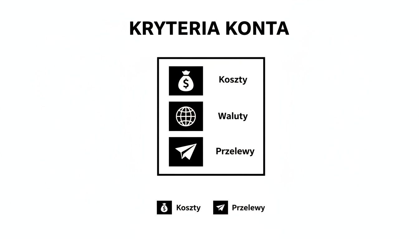 Grafika przedstawiająca kryteria konta: koszty, waluty i przelewy, z odpowiednimi ikonami.