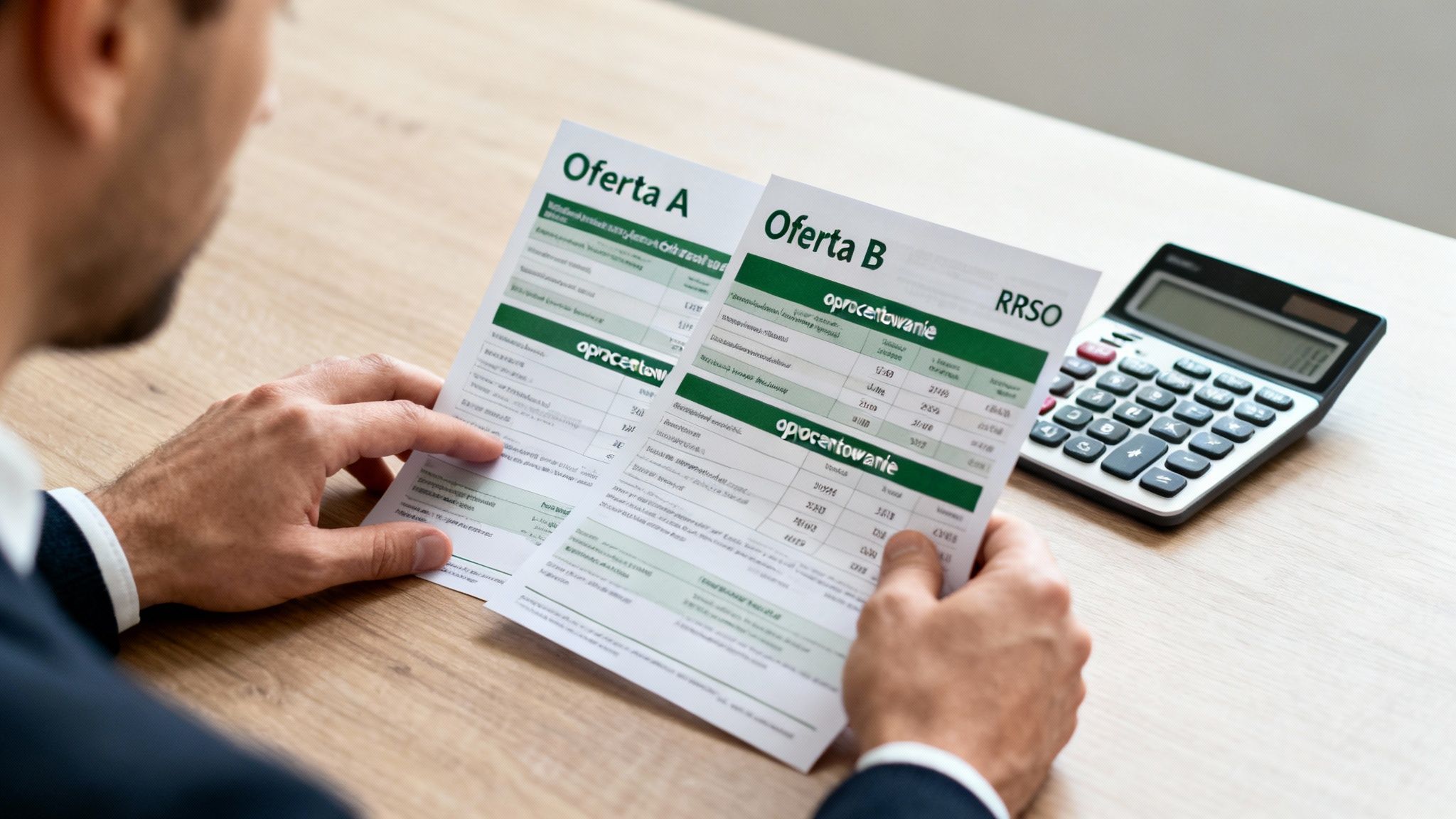Mężczyzna przeglądający dokumenty finansowe 'Oferta A' i 'Oferta B' z tabelami oprocentowania, obok kalkulatora.