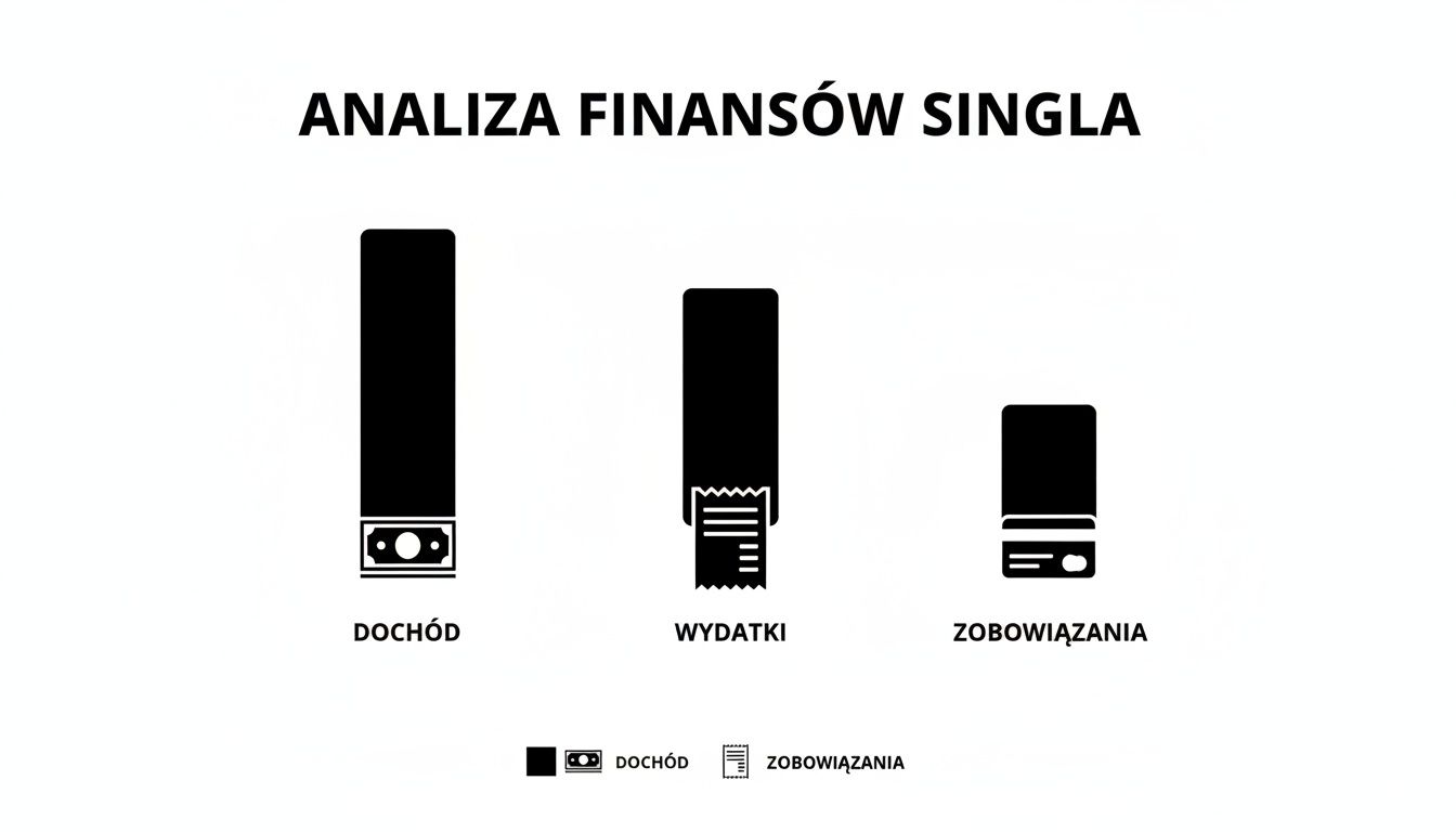 Wykres słupkowy obrazujący finanse singla, w tym dochody, wydatki i zobowiązania, z ikonami.