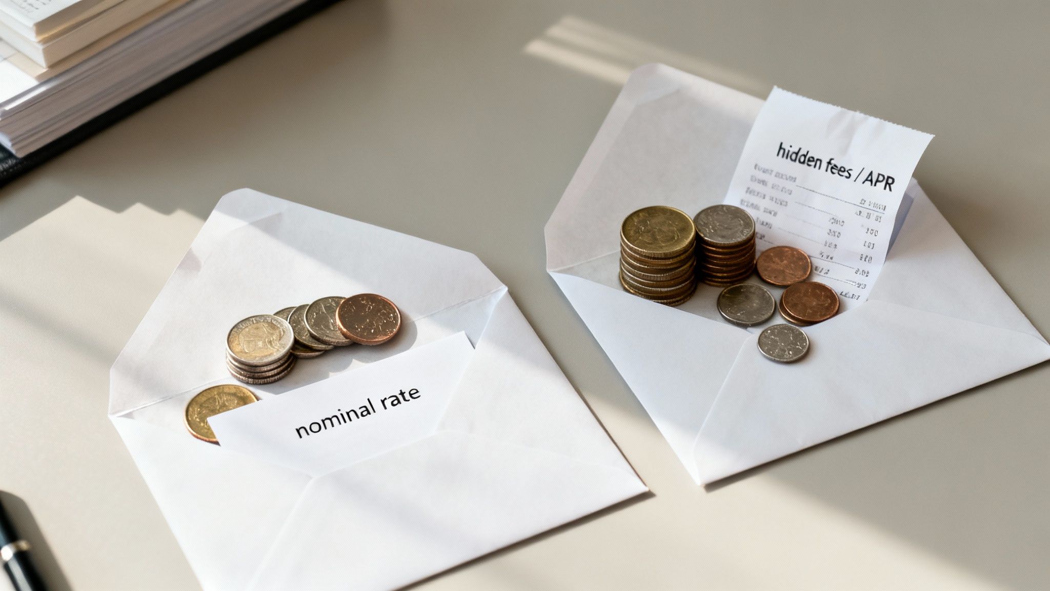 Dwie otwarte koperty z monetami, jedna z napisem "nominal rate", druga z "hidden fees / APR".