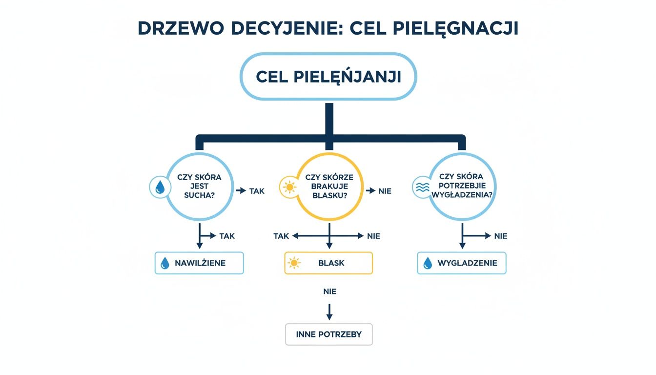 Diagram drzewa decyzyjnego dotyczący celów pielęgnacji skóry, wskazujący na nawilżenie, blask i wygładzenie.