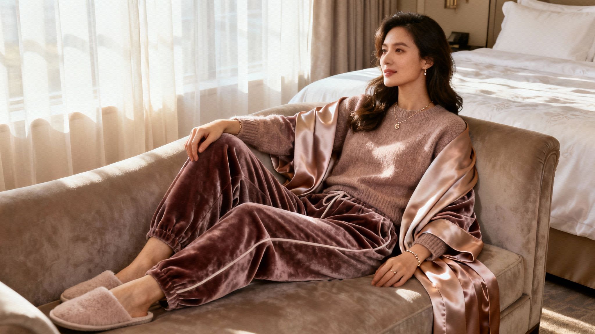Kobieta relaksująca się na welurowej kanapie w eleganckim, komfortowym zestawie dresowym z satynowym szlafrokiem.