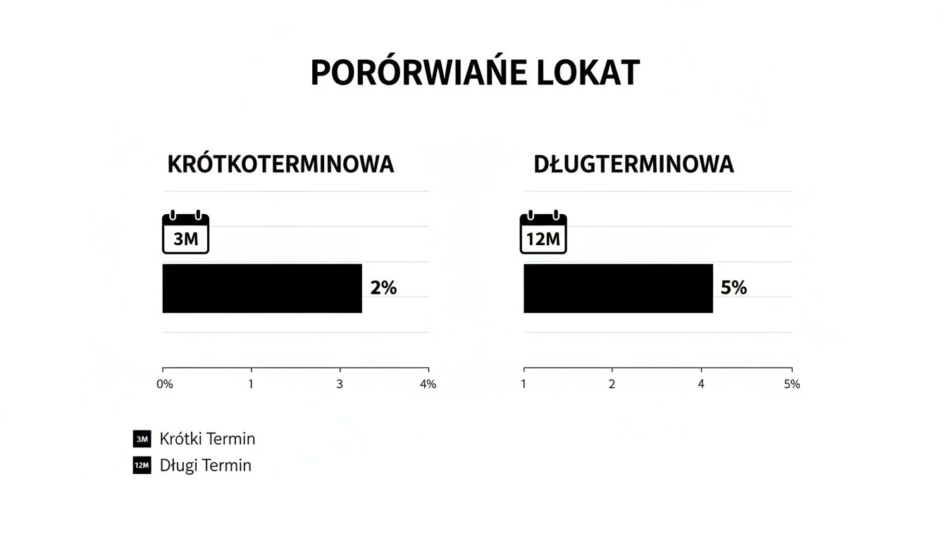 Wykres porównujący krótkoterminowe (3M, 2%) i długoterminowe (12M, 5%) lokaty bankowe, przedstawiający różnice w oprocentowaniu.