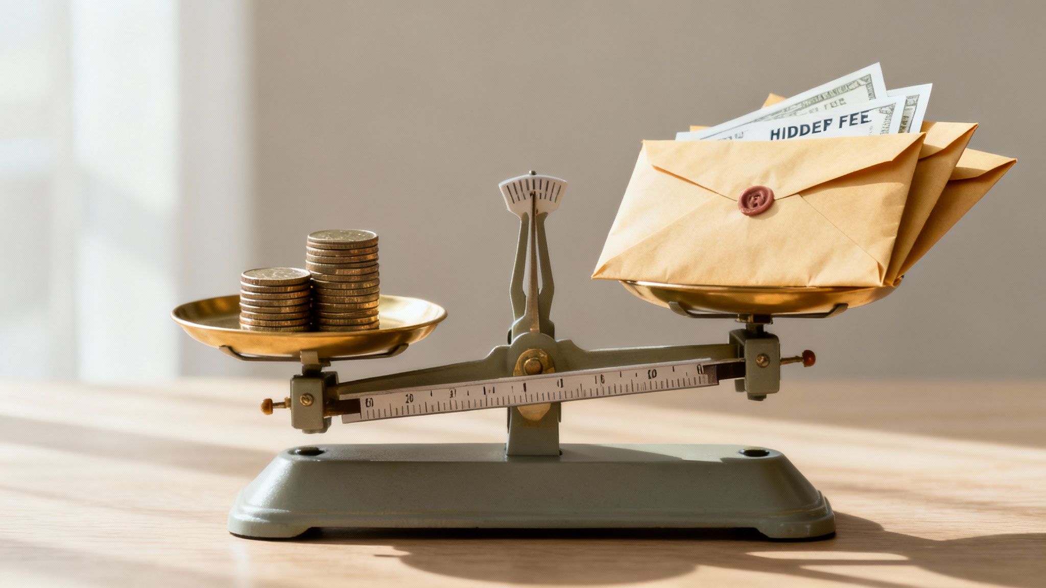 Pożyczka bez zaświadczeń o dochodach – szybka decyzja i bezpieczny wybór 3 - Scori Waga szalkowa z monetami po lewej i kopertami z napisem 'HIDDEN FEE' oraz banknotami po prawej, symbolizująca ukryte koszty.