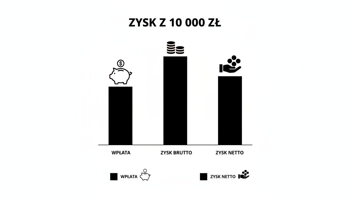 Wykres słupkowy porównujący wpłatę, zysk brutto i zysk netto z 10 000 zł.
