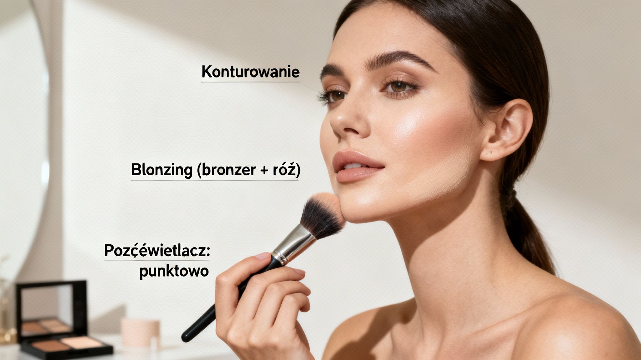 Kobieta nakładająca makijaż pędzlem, demonstrująca techniki konturowania, bronzingu i rozświetlania twarzy.