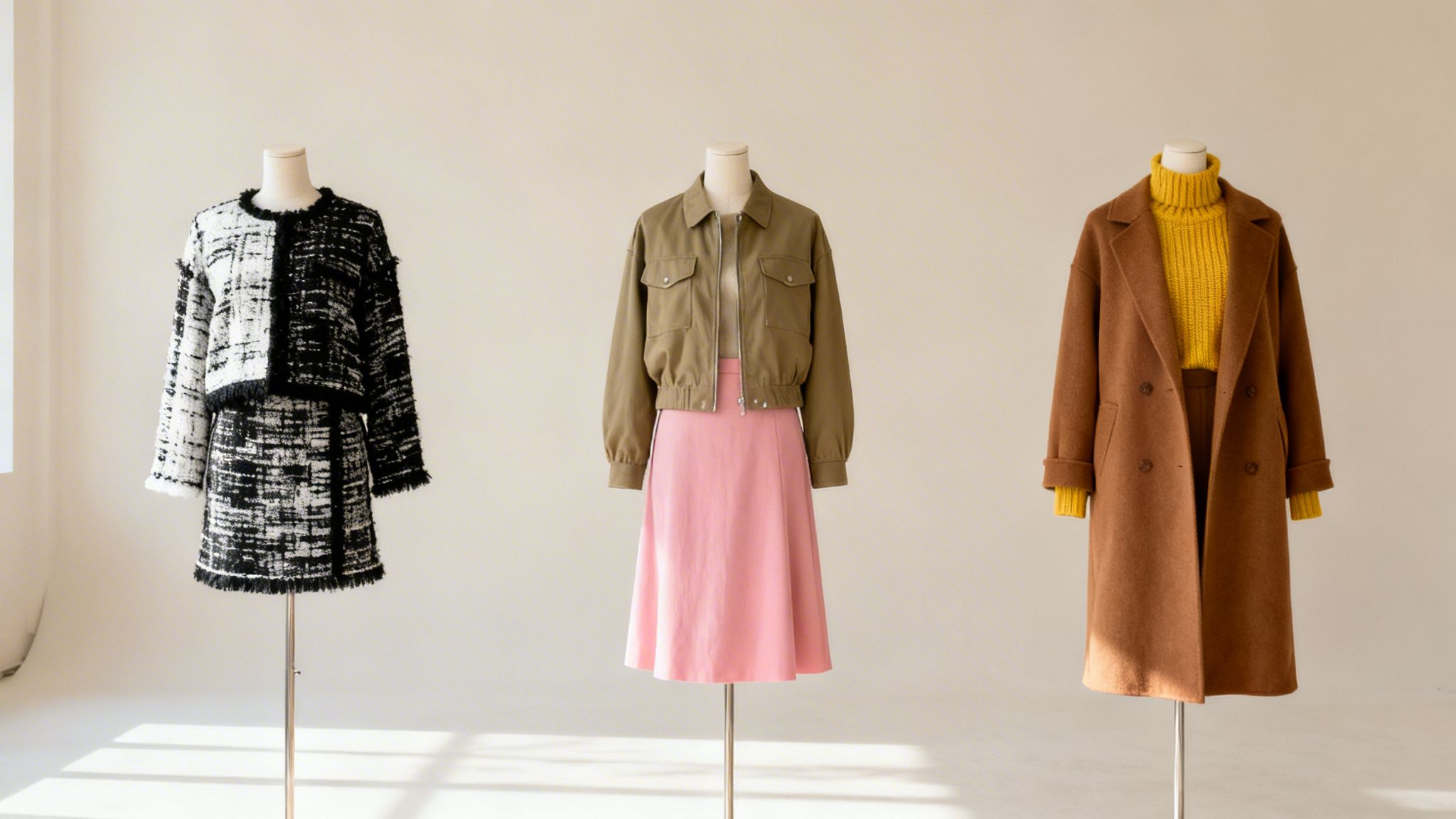 Trzy manekiny prezentujące stylowe jesienne stroje: czarno-biały tweedowy komplet, zieloną kurtkę z różową spódnicą oraz brązowy płaszcz z żółtym swetrem.