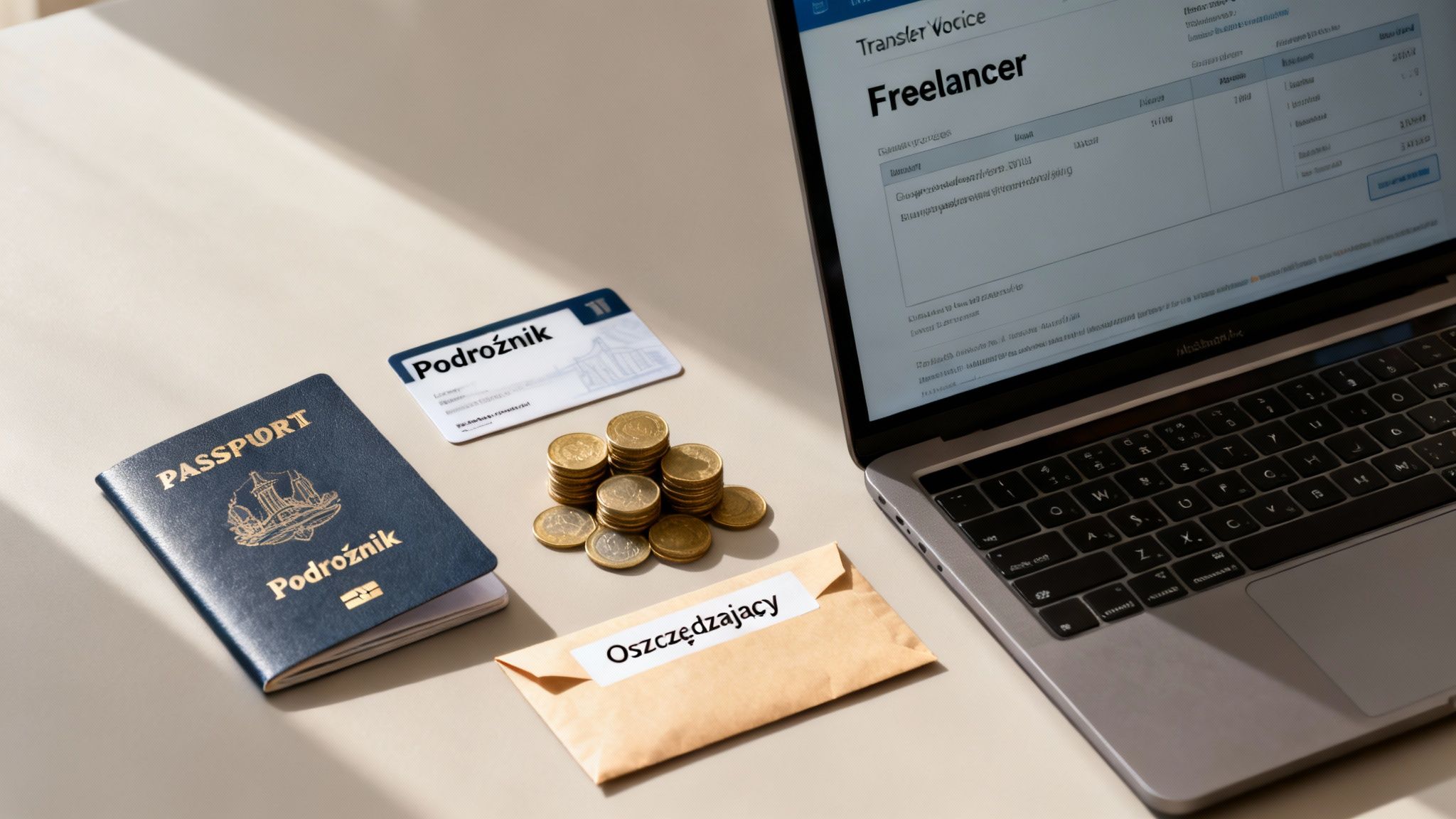 Paszport, karta Podróżnik, monety, koperta Oszczędzający i laptop z ekranem "Freelancer" – symbolika finansów i podróży.