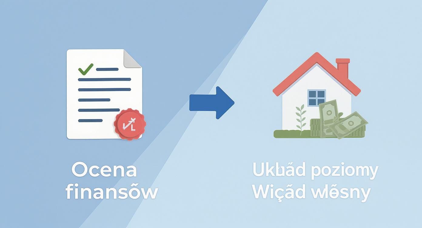 Grafika przedstawiająca dokument oceny finansów prowadzący do domu z pieniędzmi, symbolizując wkład własny.