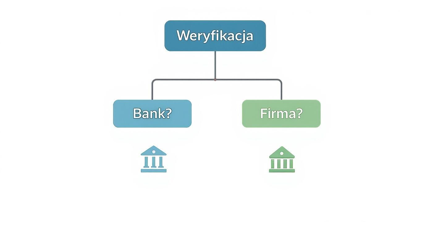 Schemat blokowy przedstawiający proces weryfikacji, z opcjami Bank? i Firma?, wraz z pasującymi ikonami instytucji.