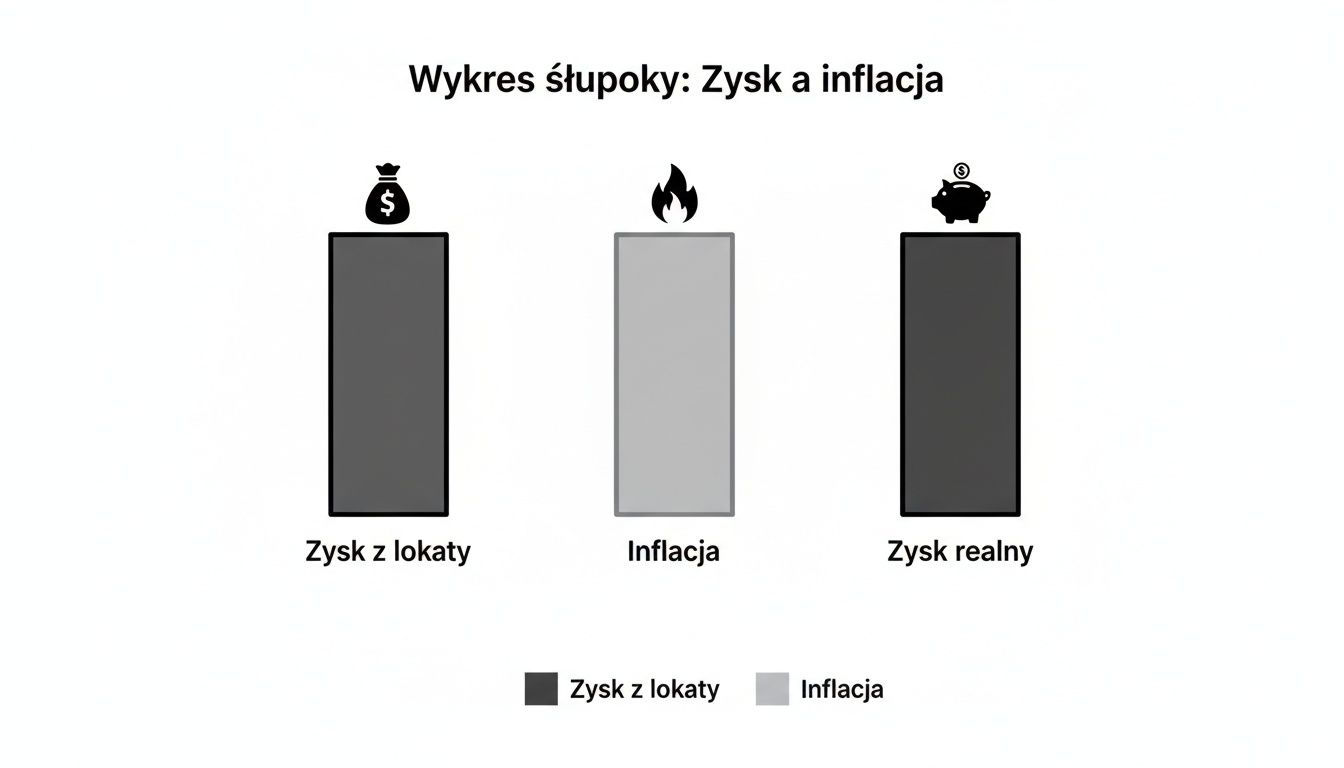 Wykres słupkowy ilustrujący wpływ inflacji na nominalny i realny zysk z lokaty.