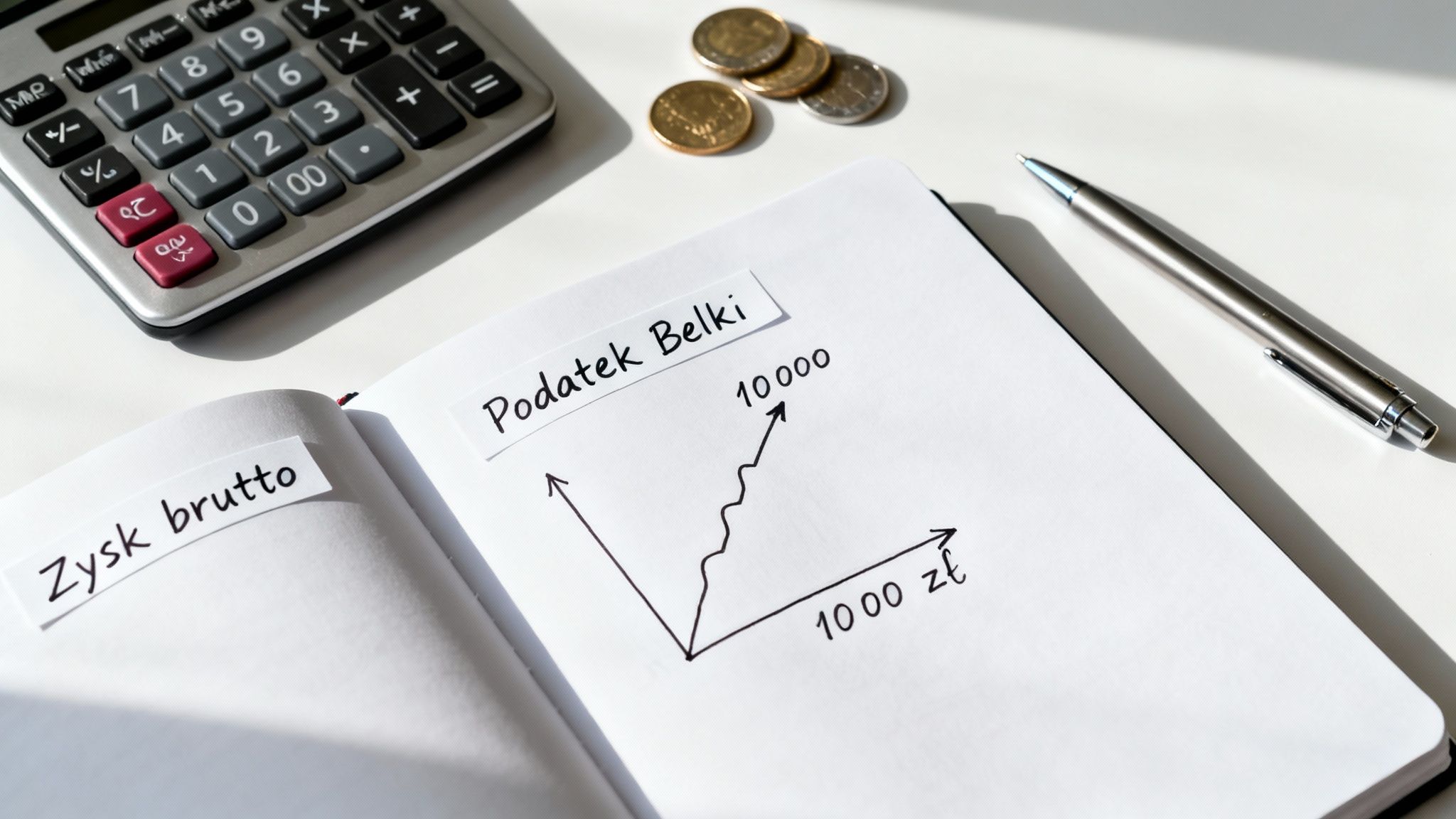 Kalkulator, monety, długopis i otwarty notatnik z wykresem finansowym i notatkami 'Zysk brutto', 'Podatek Belki'.