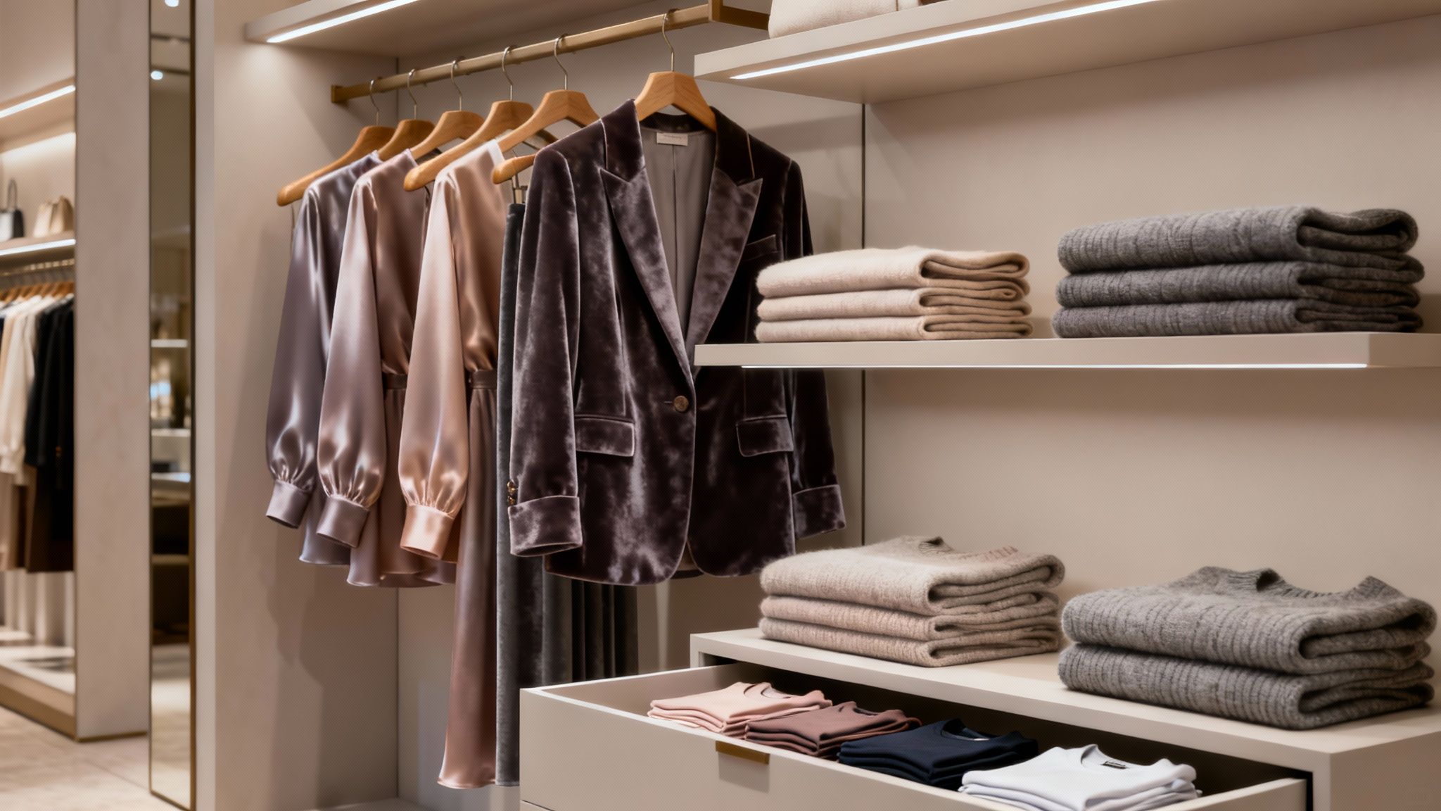Elegancka garderoba z ubraniami: jedwabne sukienki, aksamitny żakiet i stosy złożonych swetrów na półkach.