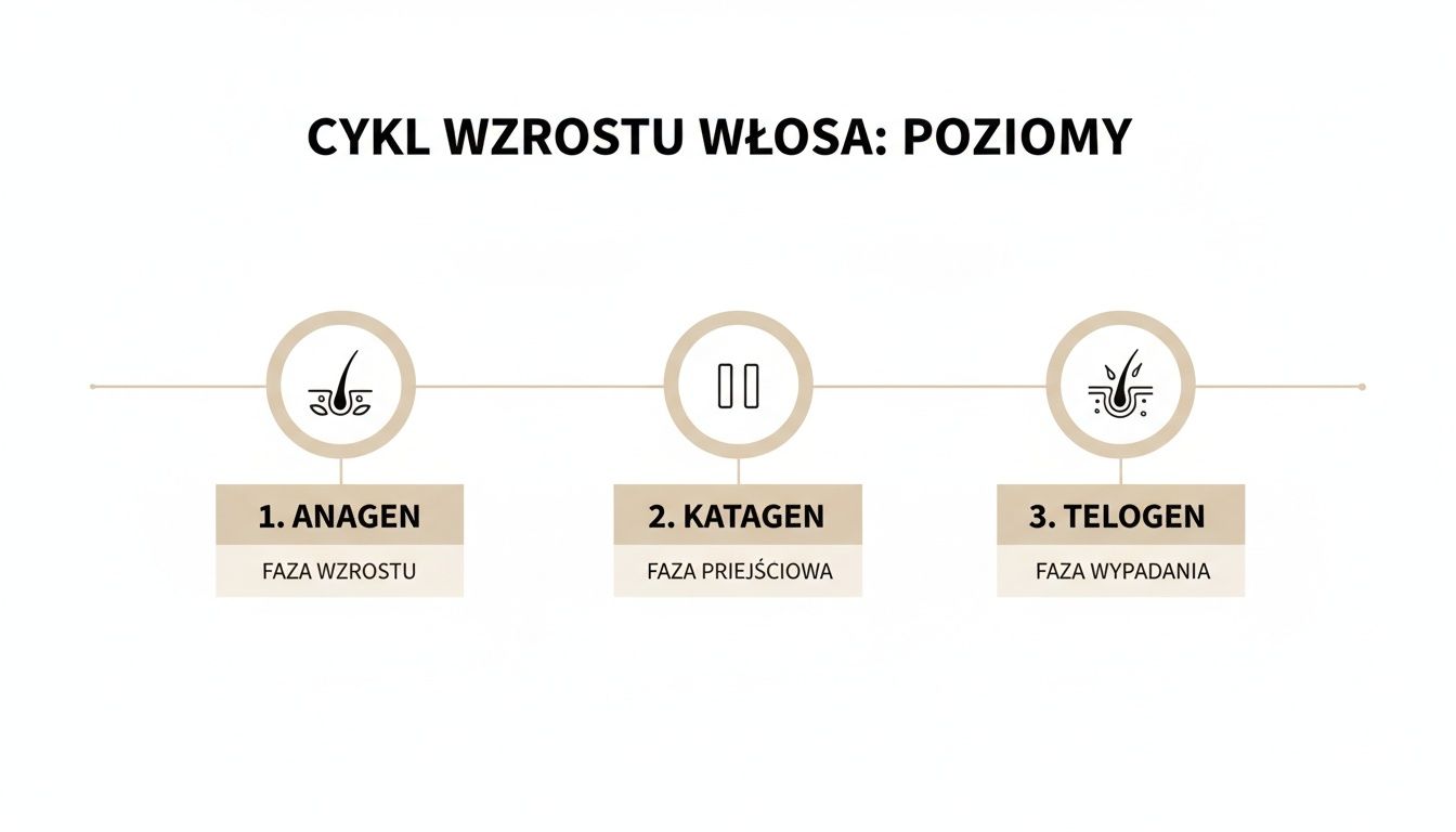 Infografika przedstawiająca trzy fazy cyklu wzrostu włosa: anagen (wzrost), katagen (przejście) i telogen (wypadanie).
