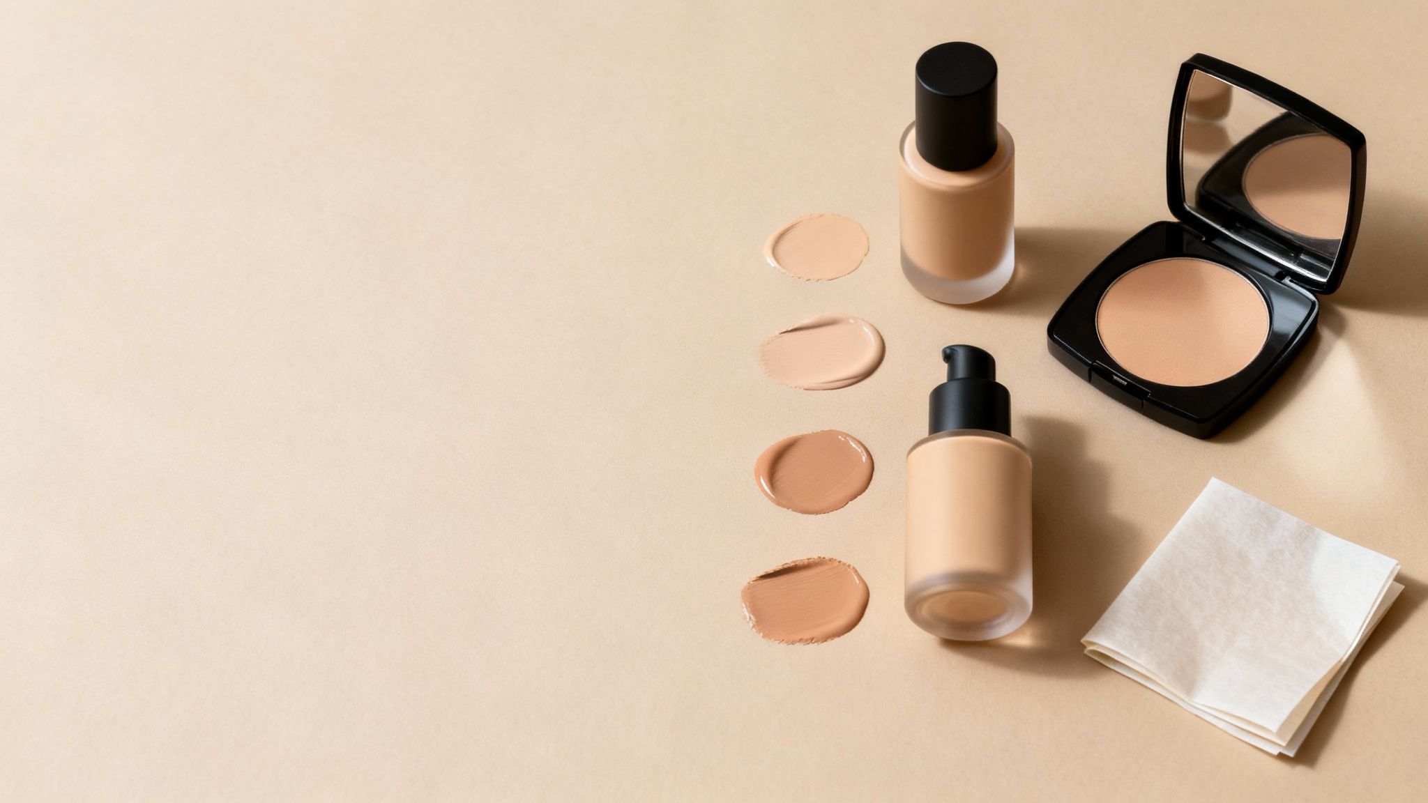 Różne odcienie podkładu w płynie, puder w kompakcie i bibułki matujące na beżowym tle.
