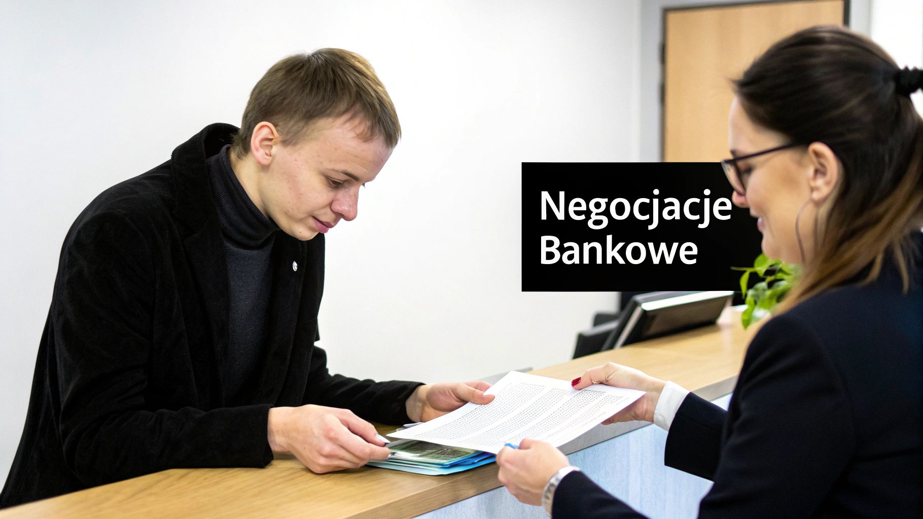Mężczyzna i kobieta w banku wymieniający dokumenty, z napisem 'Negocjacje Bankowe' na tle.