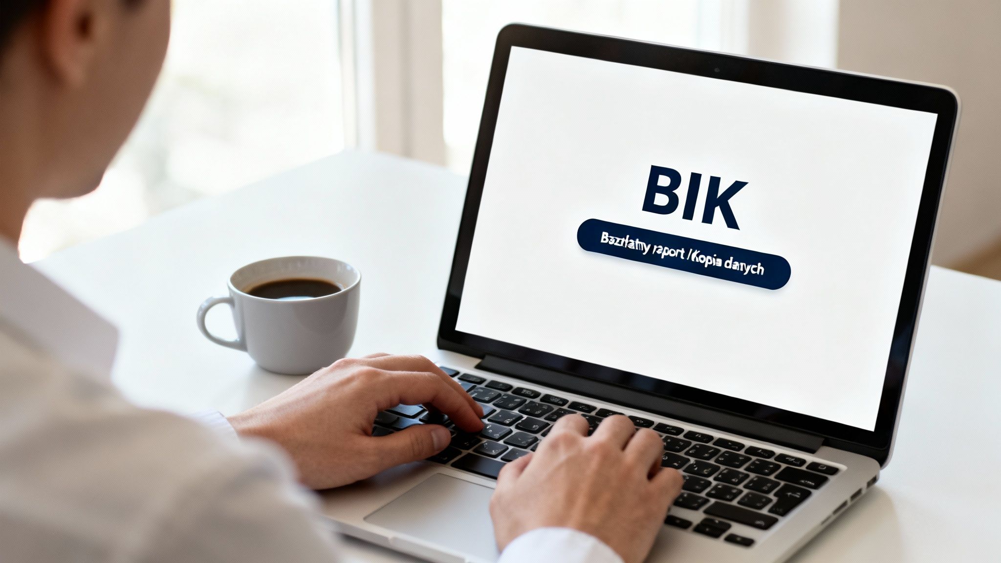 Mężczyzna pisze na laptopie z widocznym na ekranie napisem BIK i "Bezpłatny raport / Kopia danych", obok filiżanka kawy.