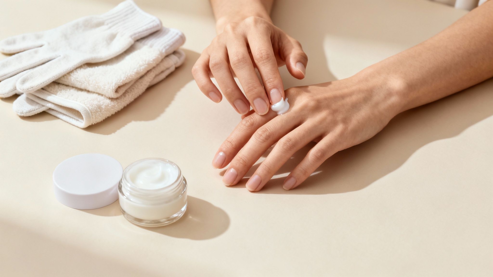 Osoba nakładająca krem do rąk z otwartego słoiczka, obok białe rękawiczki i ręczniki.