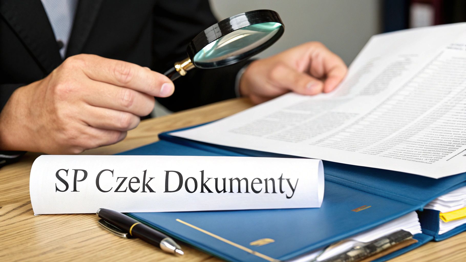 Osoba w garniturze analizuje dokumenty lupą, obok leży plik z napisem 'SP Czek Dokumenty' i długopis.