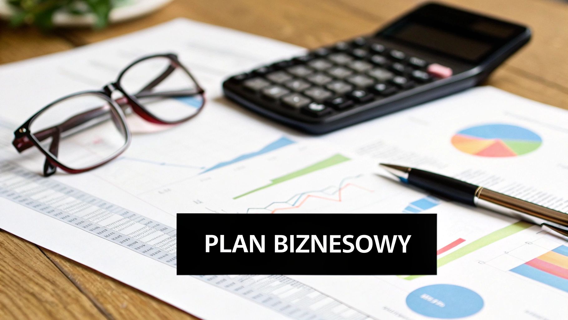 Kredyt dla nowej firmy bez tajemnic 2 - Scori Blat biurka z dokumentami finansowymi, wykresem, kalkulatorem i okularami, z widocznym hasłem Plan Biznesowy.