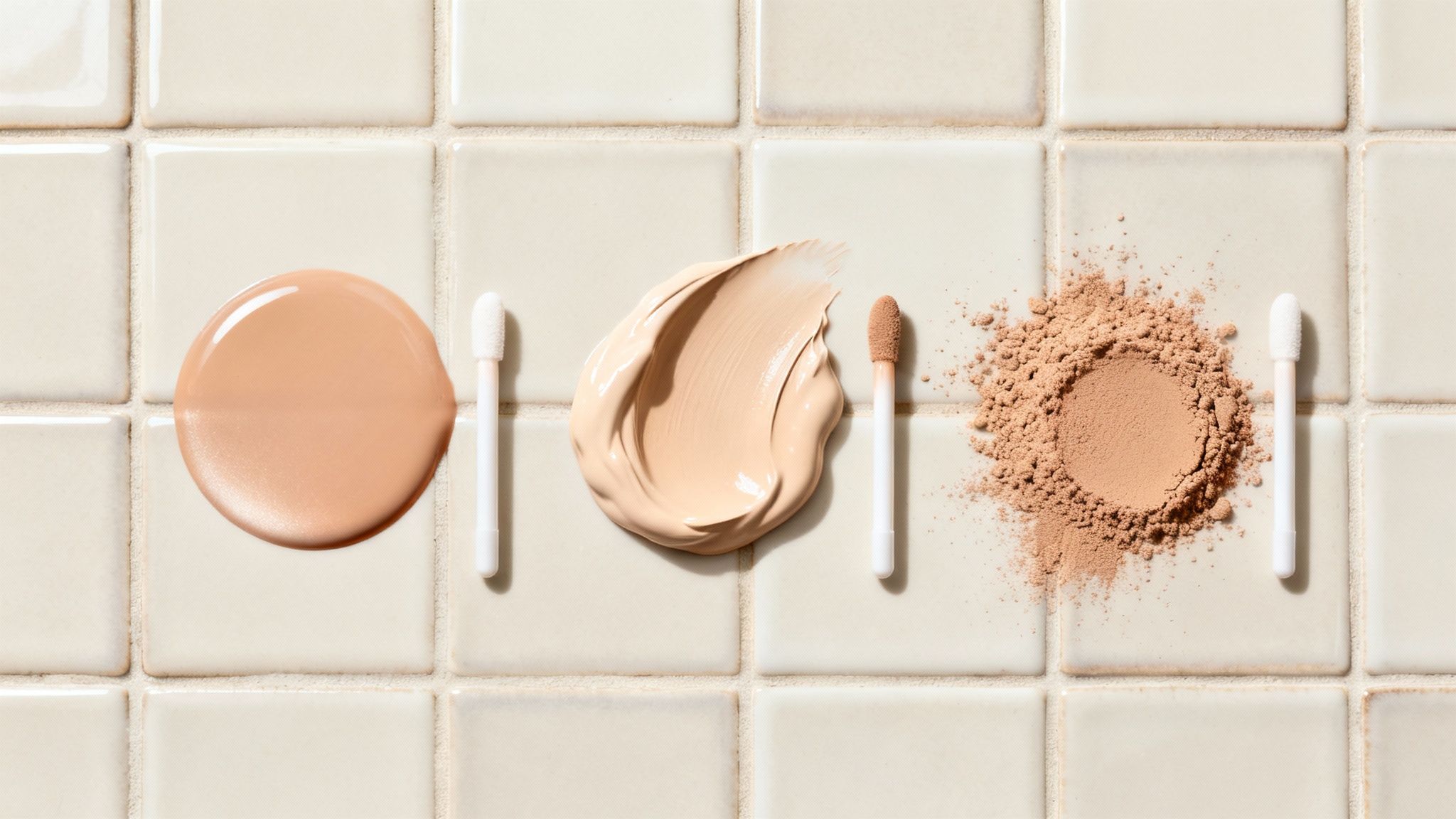 Trzy rodzaje podkładów do makijażu: płynny, kremowy i sypki puder, z aplikatorami na białych kafelkach.