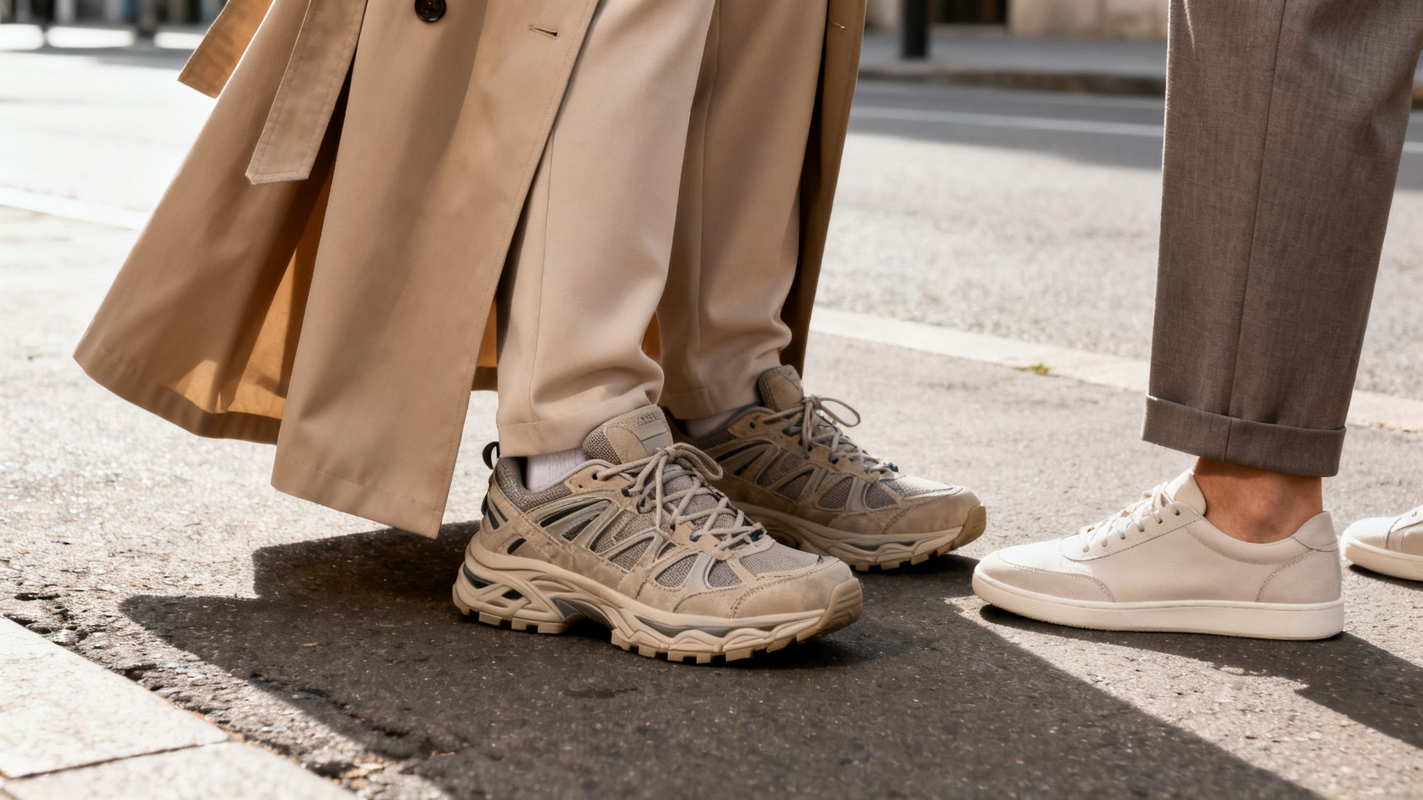 Dwie osoby na ulicy, jedna w beżowym trenczu i masywnych sneakersach, druga w szarych spodniach i jasnych trampkach.