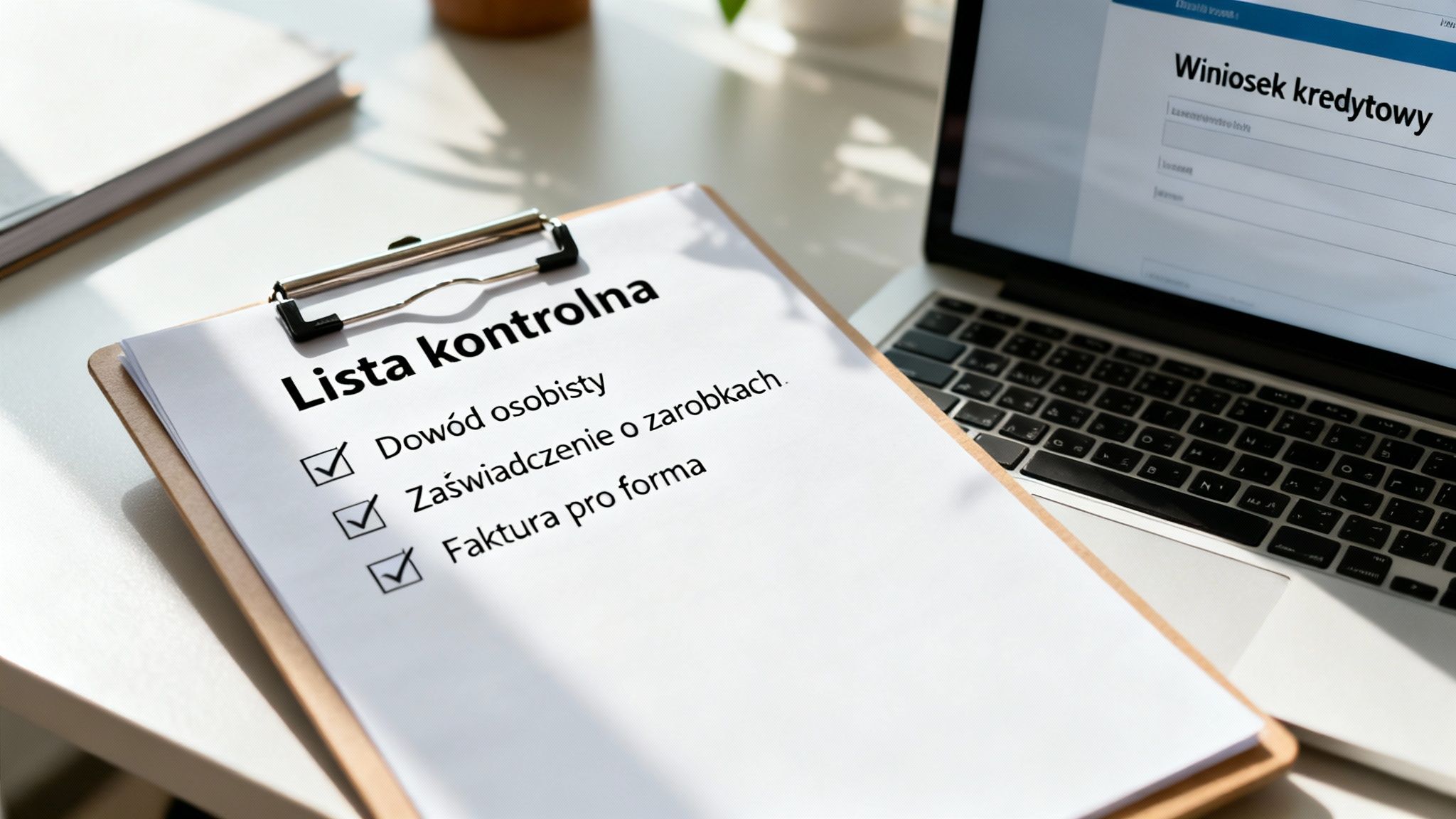 Clipboard z listą kontrolną dokumentów wymaganych do wniosku kredytowego obok laptopa. Na ekranie widać formularz wniosku.