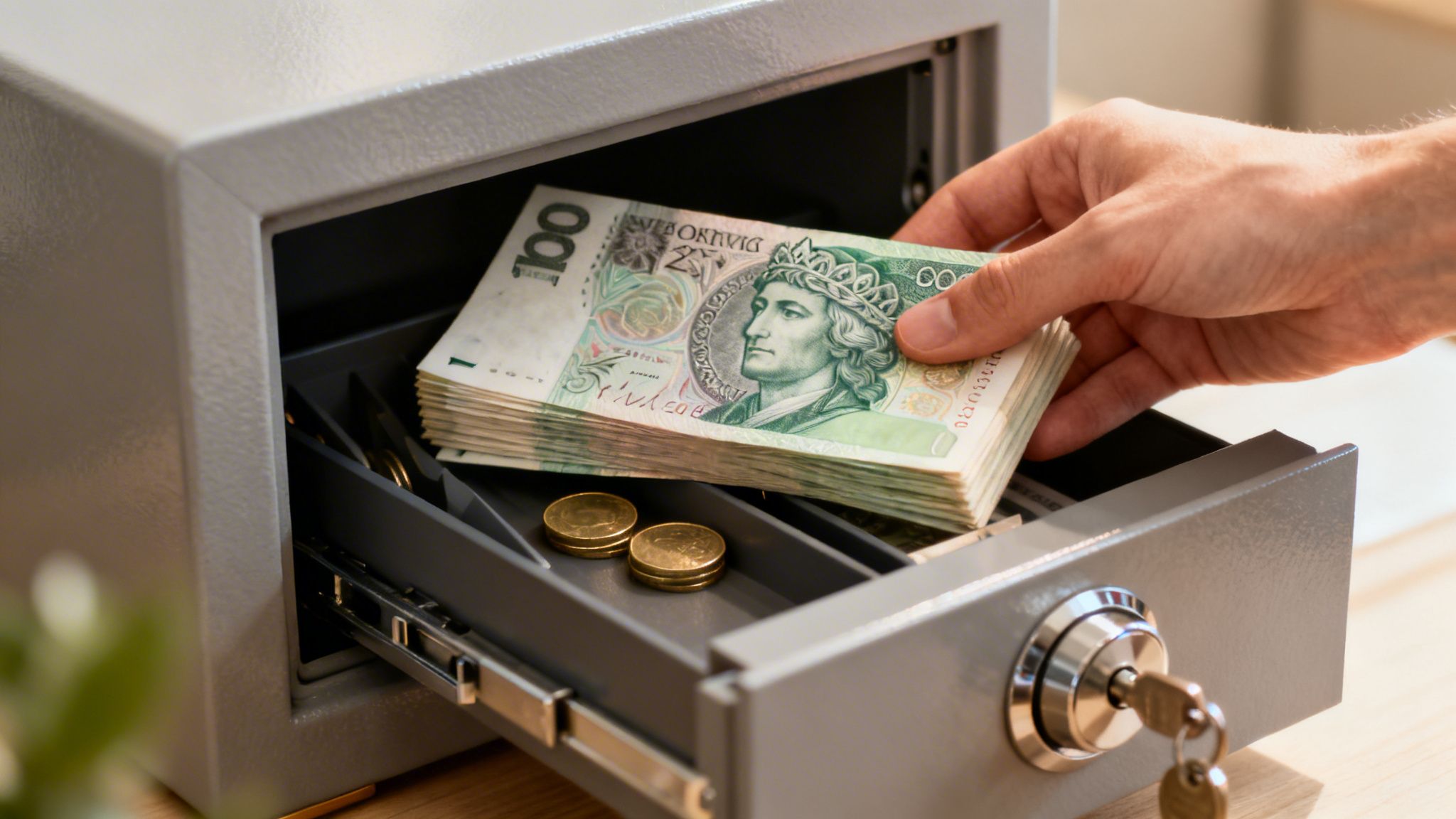 Ręka wkłada plik banknotów 100 złotowych do metalowego sejfu, obok leżą monety.