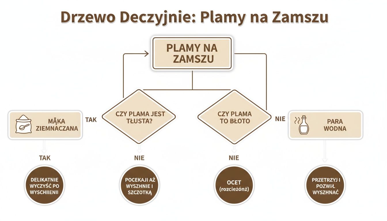 Drzewo decyzyjne przedstawiające sposoby usuwania różnych plam z zamszu: tłustych, błotnych i innych.