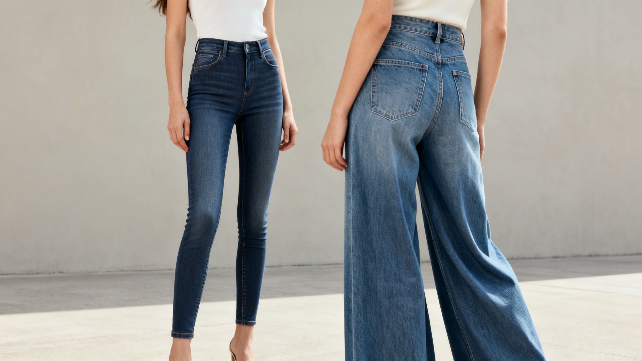 Dwie kobiety prezentujące różne style jeansów: jedna w obcisłych rurkach, druga w szerokich nogawkach.