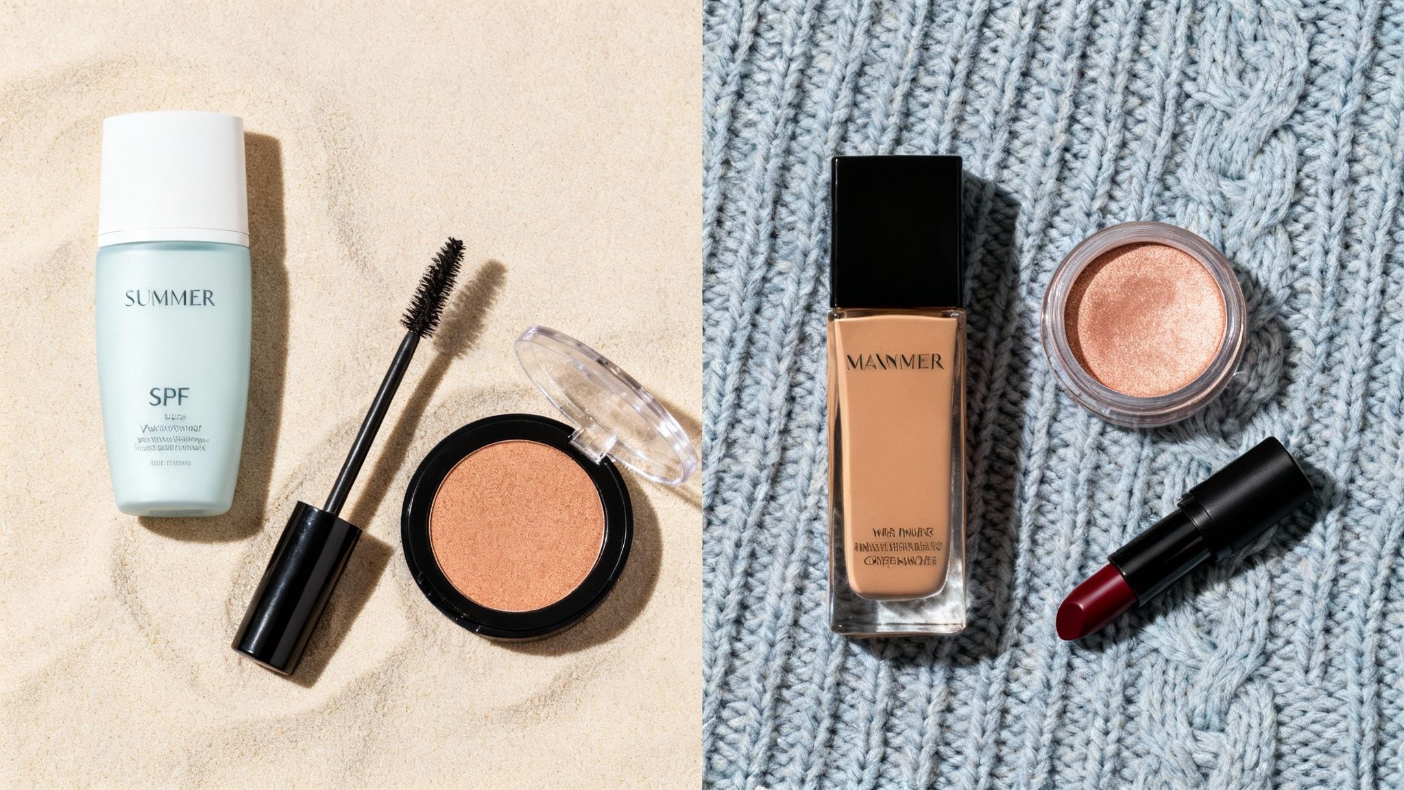 Makijaż na lato i zimę: kosmetyki do opalania, tusz, bronzer na piasku oraz podkład, cień i szminka na swetrze.