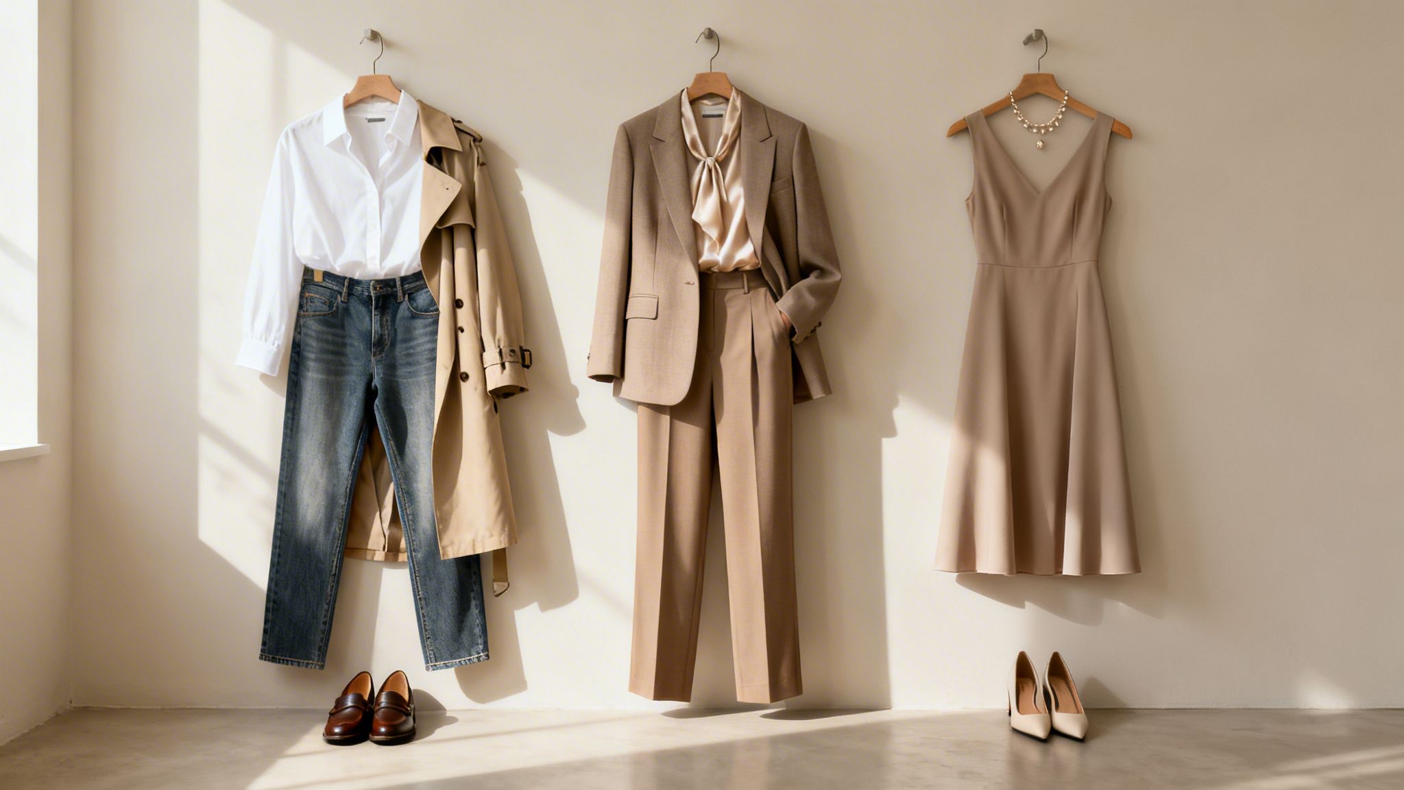 Trzy eleganckie stylizacje damskie w neutralnych kolorach wiszące na ścianie, z butami na podłodze.