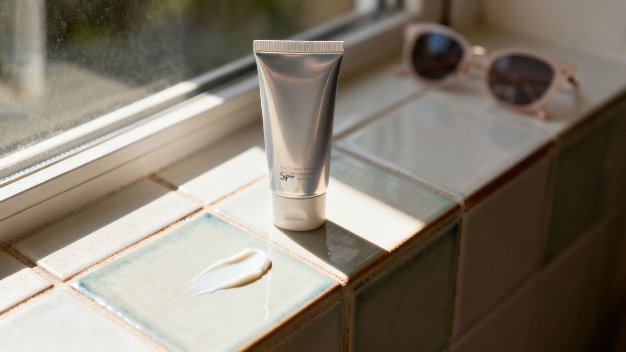 Tubka kremu przeciwsłonecznego SPF na kafelkach z wyciśniętą próbką, okulary w tle.